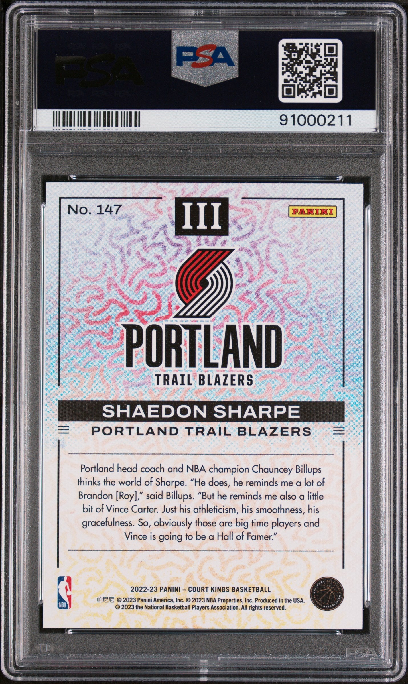 2022 Panini Court Kings Shaedon Sharpe Rookies III #147 PSA 9