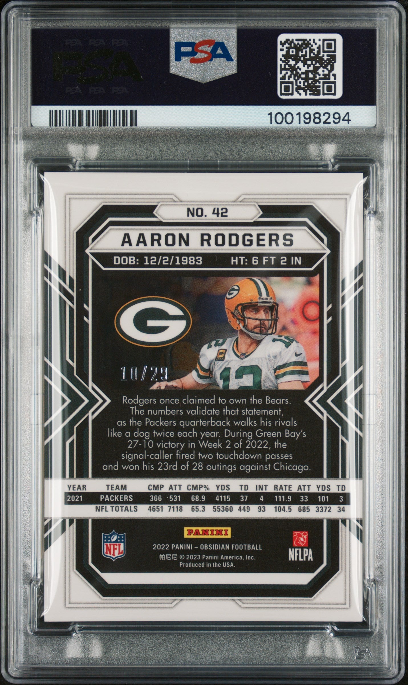 2022 Panini Obsidian Aaron Rodgers Electric Etch Red Flood /29 #42 PSA 10