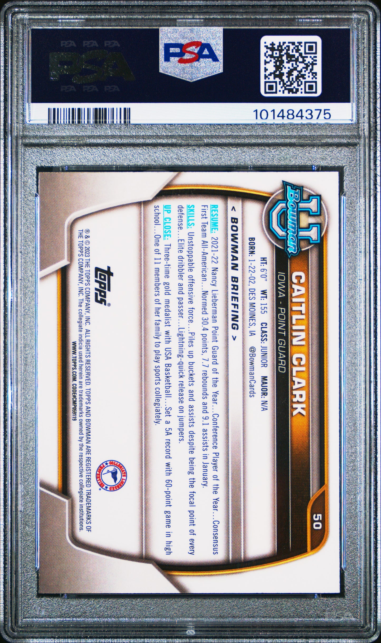2022 Bowman Chrome University Caitlin Clark #50 1st Bowman PSA 9