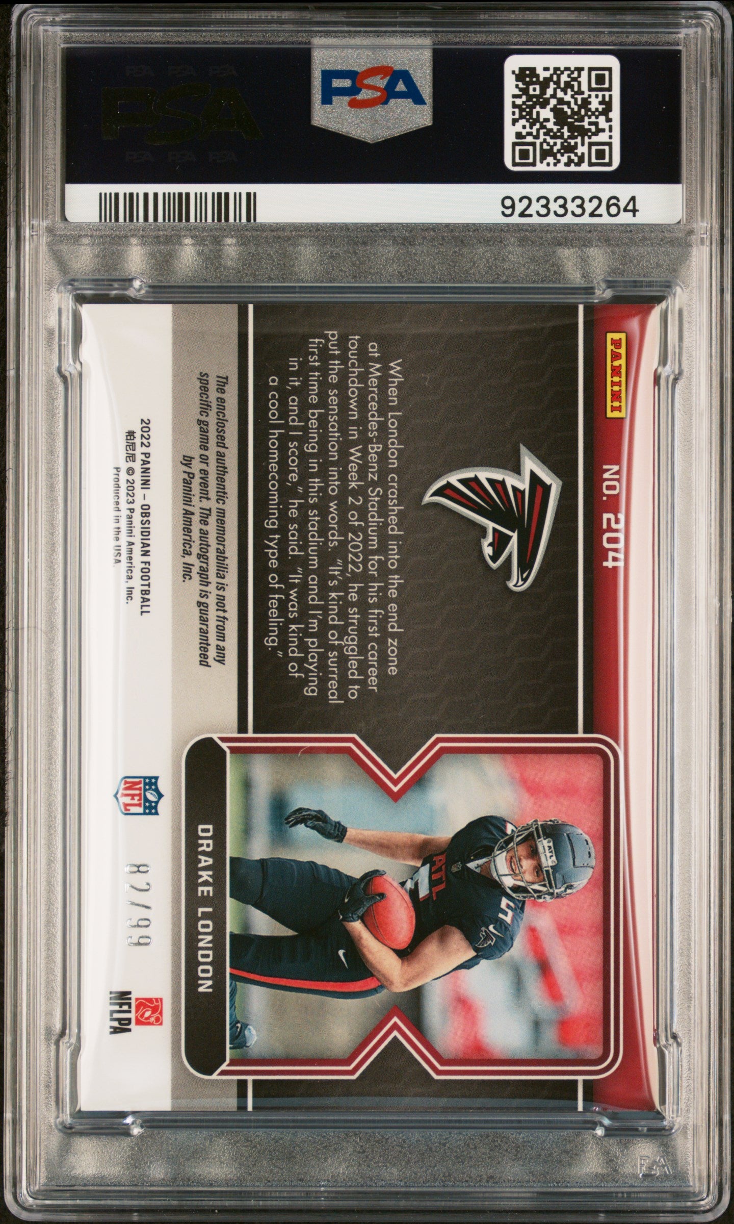 2022 Panini Obsidian Drake London RPA Orange /99 #204 RC PSA 10