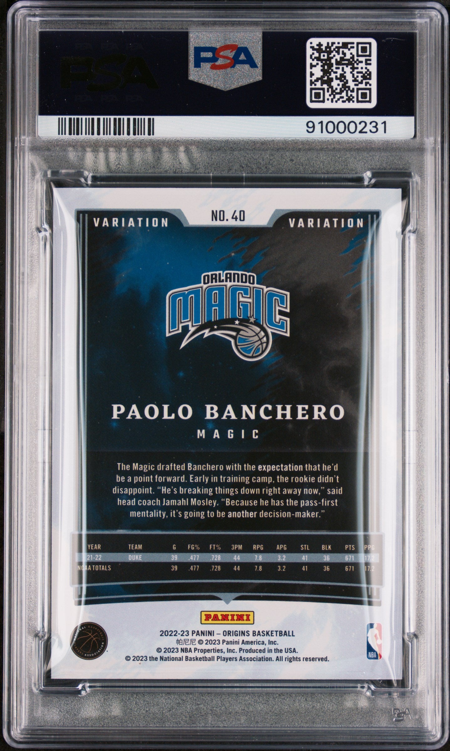 2022 Panini Origins Paolo Banchero Variation #40 PSA 9