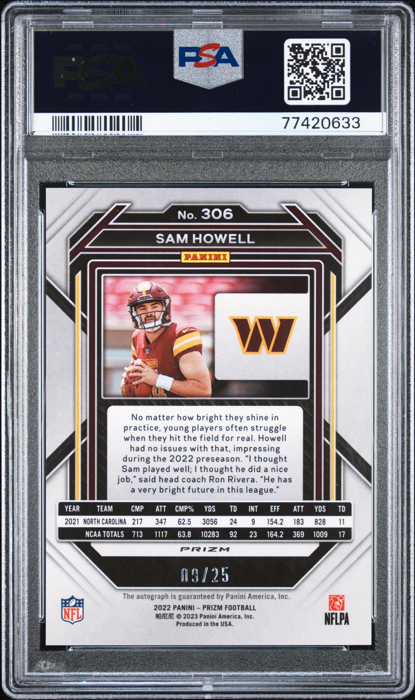 2022 Panini Prizm Sam Howell Rookie Autograph Blue Shimmer /25 #306 RC PSA 9