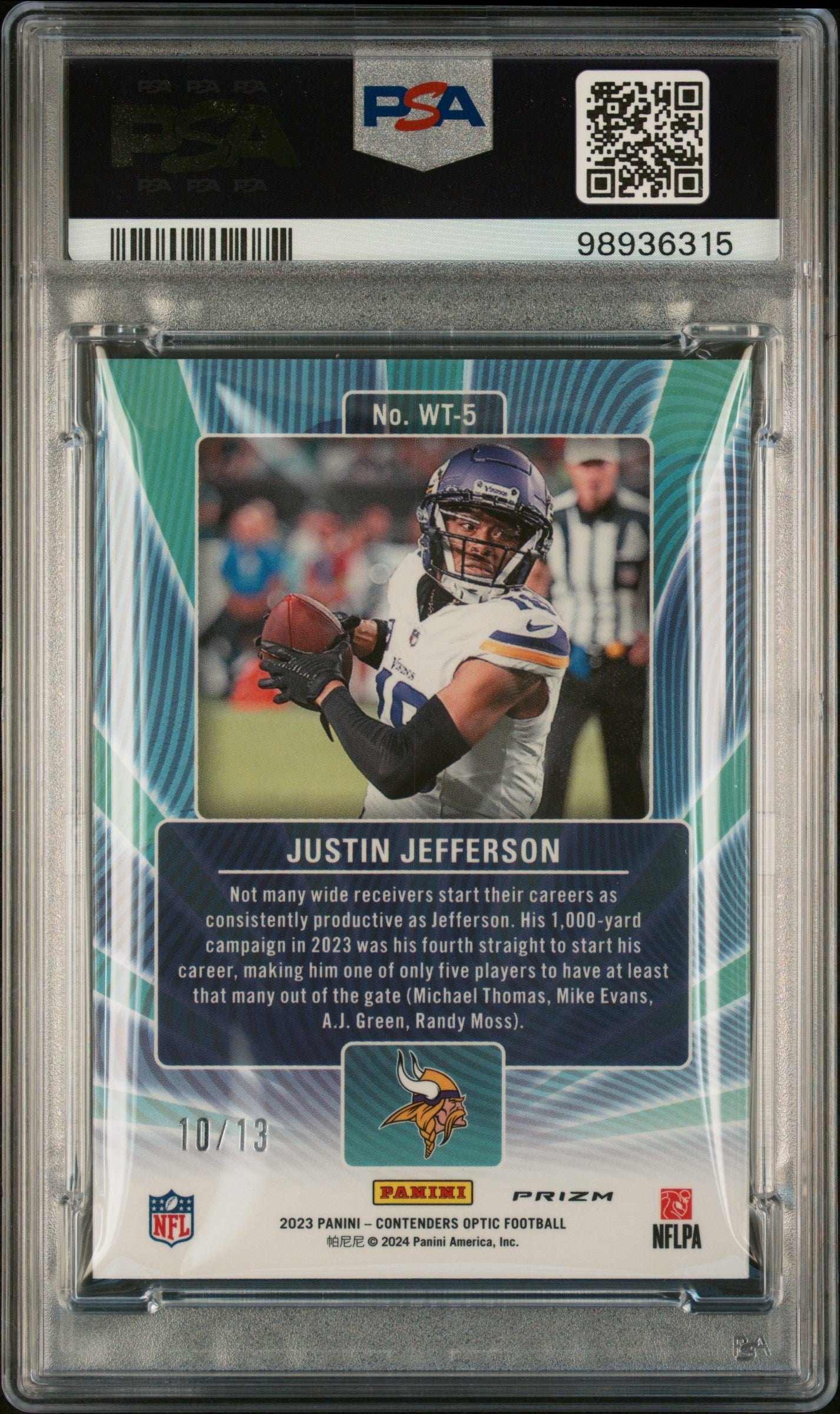 2023 Panini Contenders Optic Justin Jefferson Winning Tickets RW&B /13 PSA 10