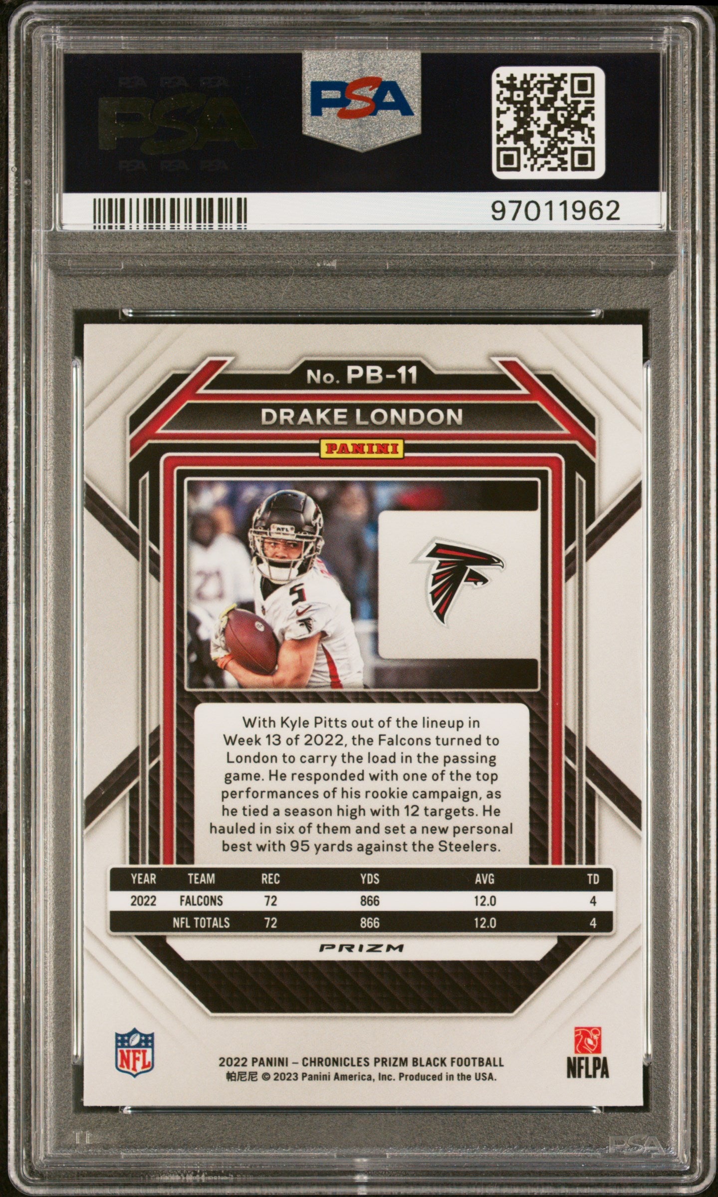 2022 Panini Chronicles Drake London Prizm Black Silver #PB11 PSA 9