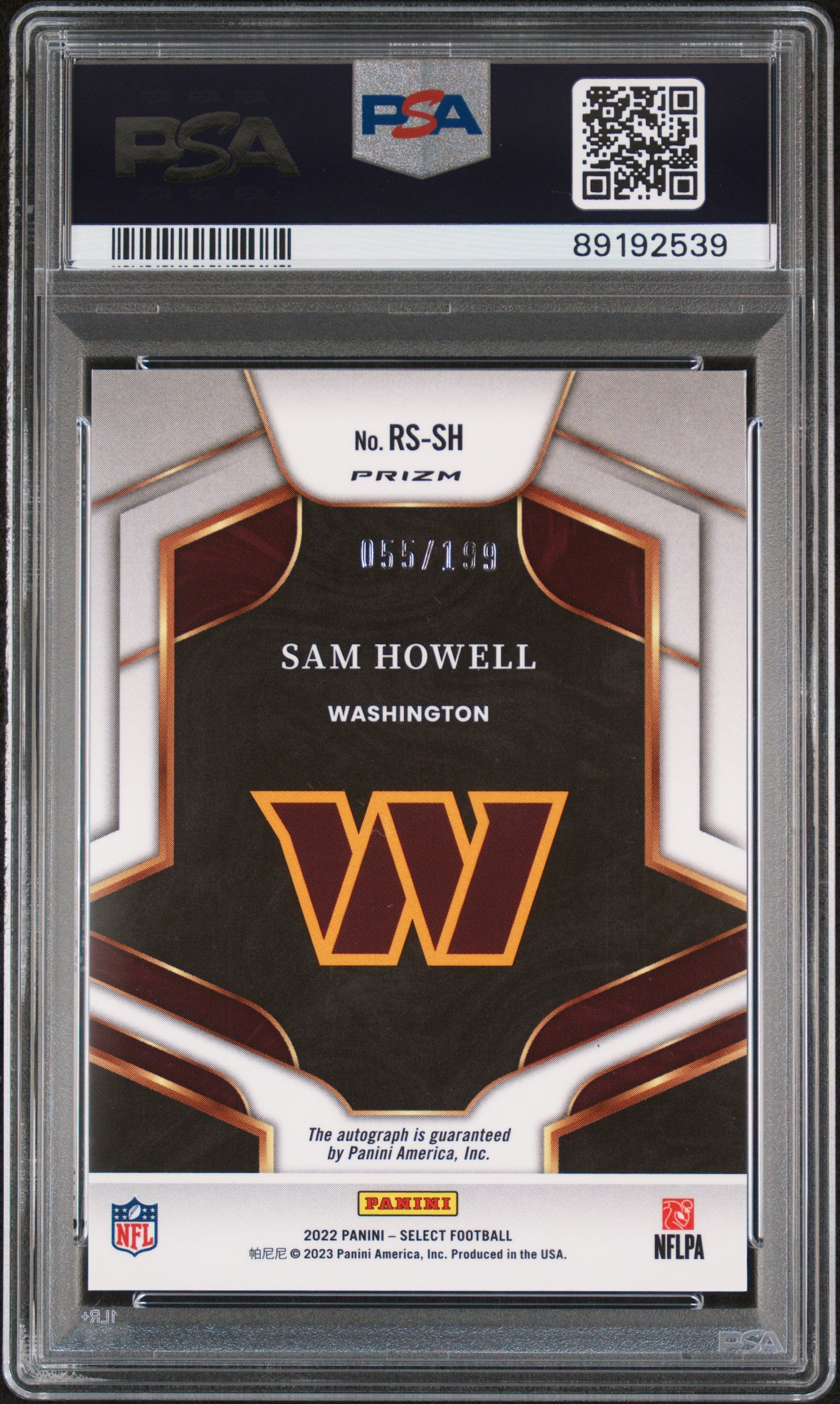 2022 Panini Select Sam Howell Rookie Signatures /199 RC #RSSH PSA 10