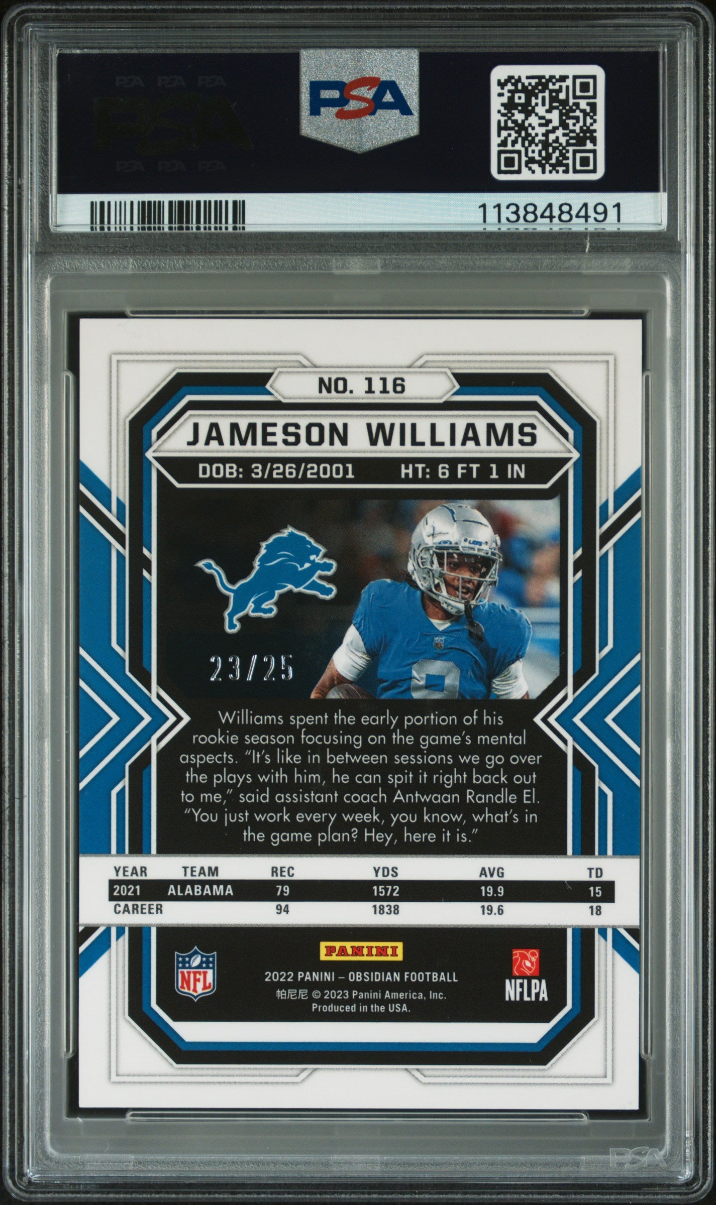 2022 Panini Obsidian Jameson Williams Electric Etch Yellow RC 23/25 #116 PSA 9
