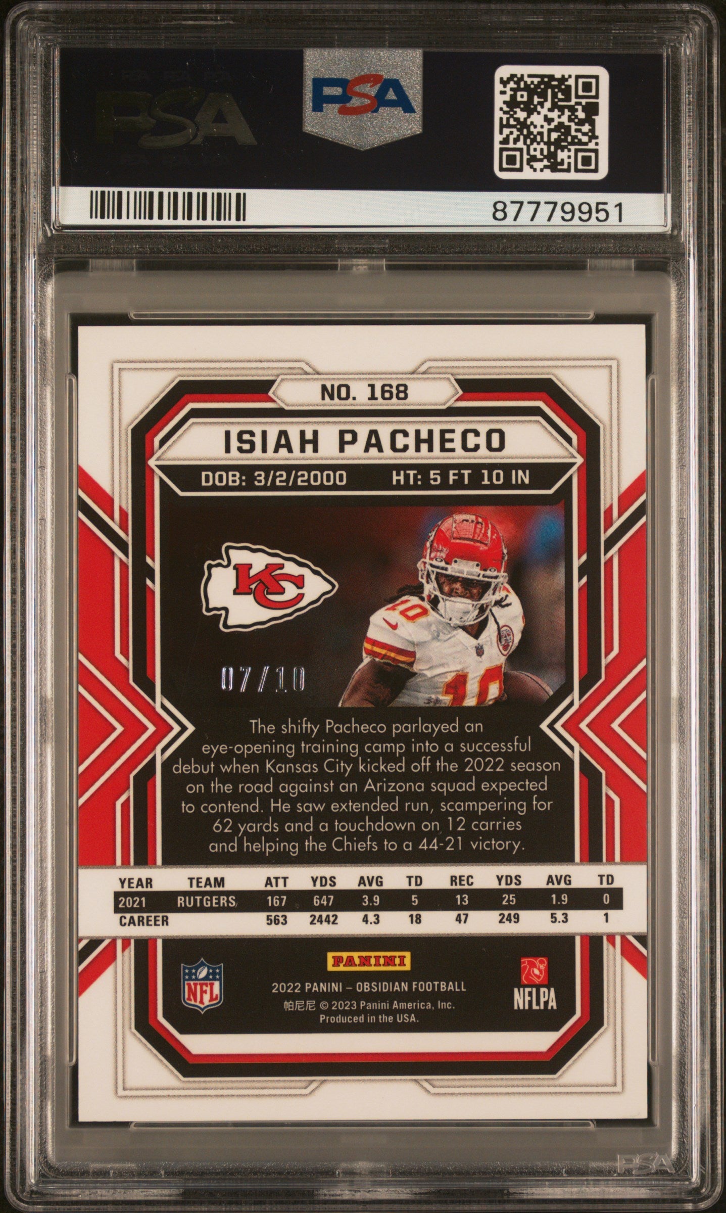 2022 Panini Obsidian Isiah Pacheco Electric Etch Red /10 #168 PSA 9