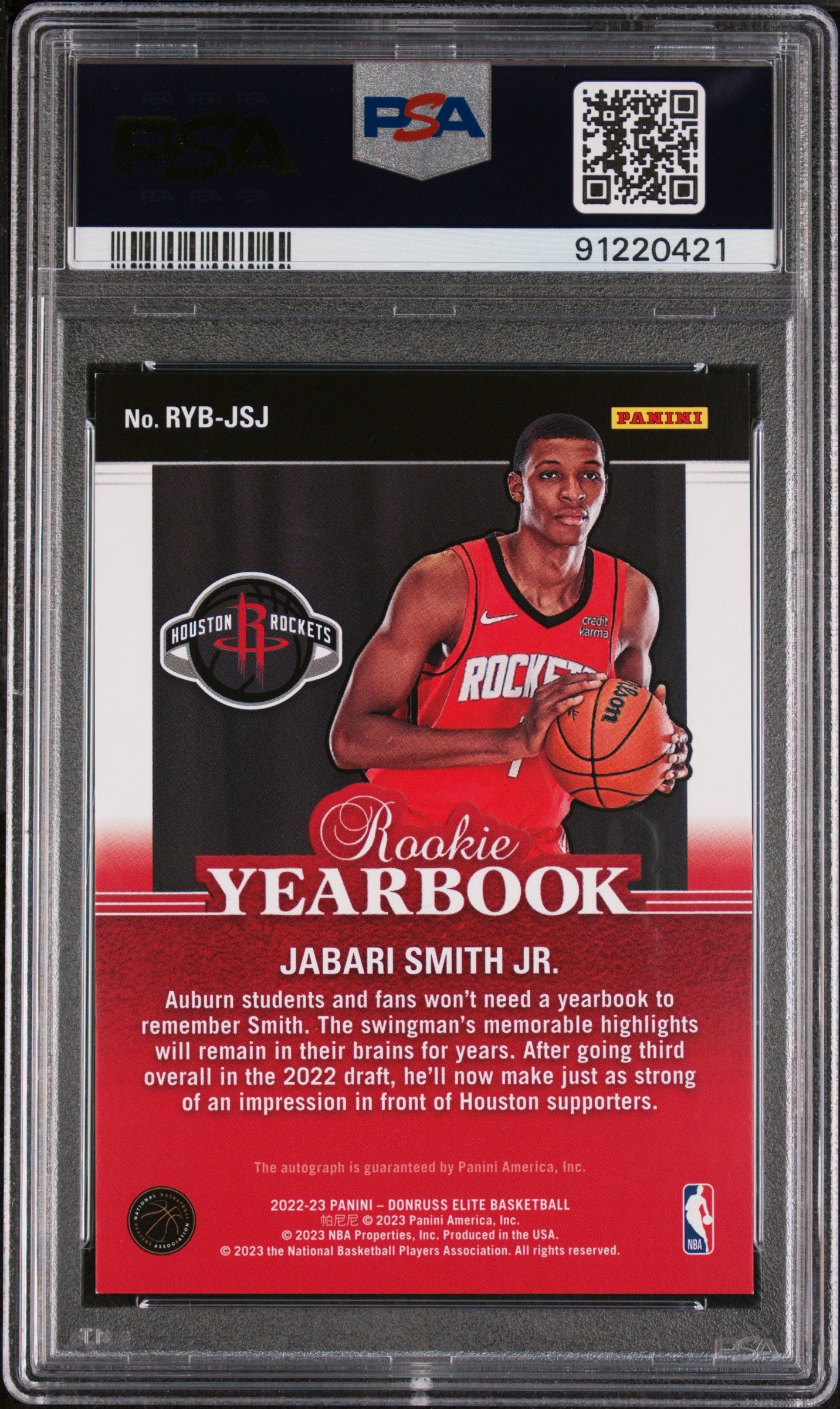 Jabari Smith Jr. 2022 Donruss Elite Rookie Yearbook Auto Asia Red/Grn PSA 9 RC