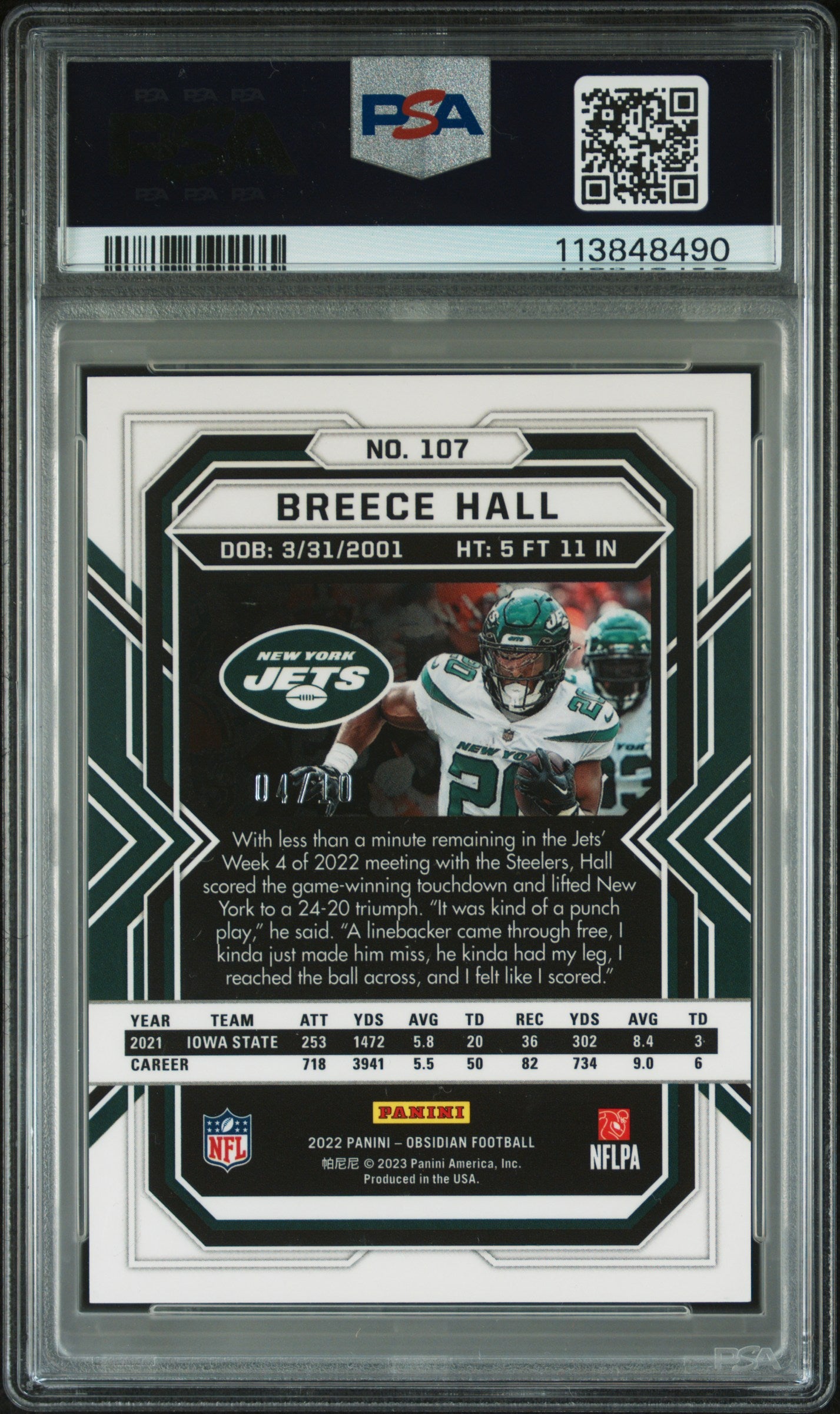 2022 Panini Obsidian Breece Hall Electric Etch Red 04/10 RC #107 PSA 10