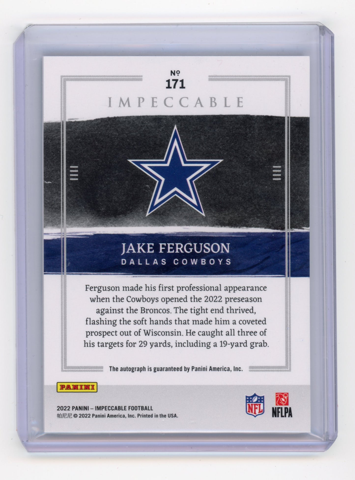 2022 Panini Impeccable Jake Ferguson Rookie Autographs Silver RC 40/49 #171