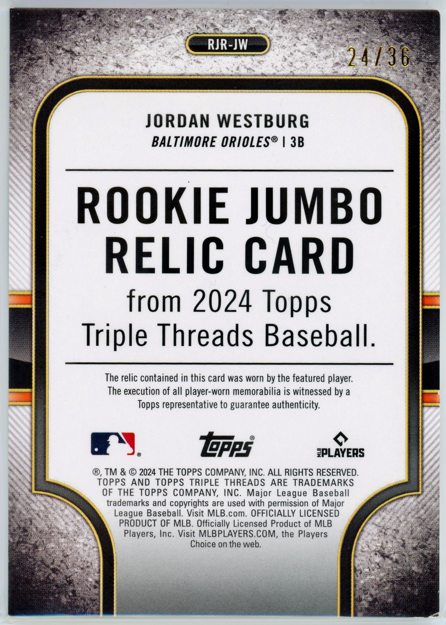 2024 Topps Triple Threads Jordan Westburg Rookie Jumbo Relic Amethyst /36