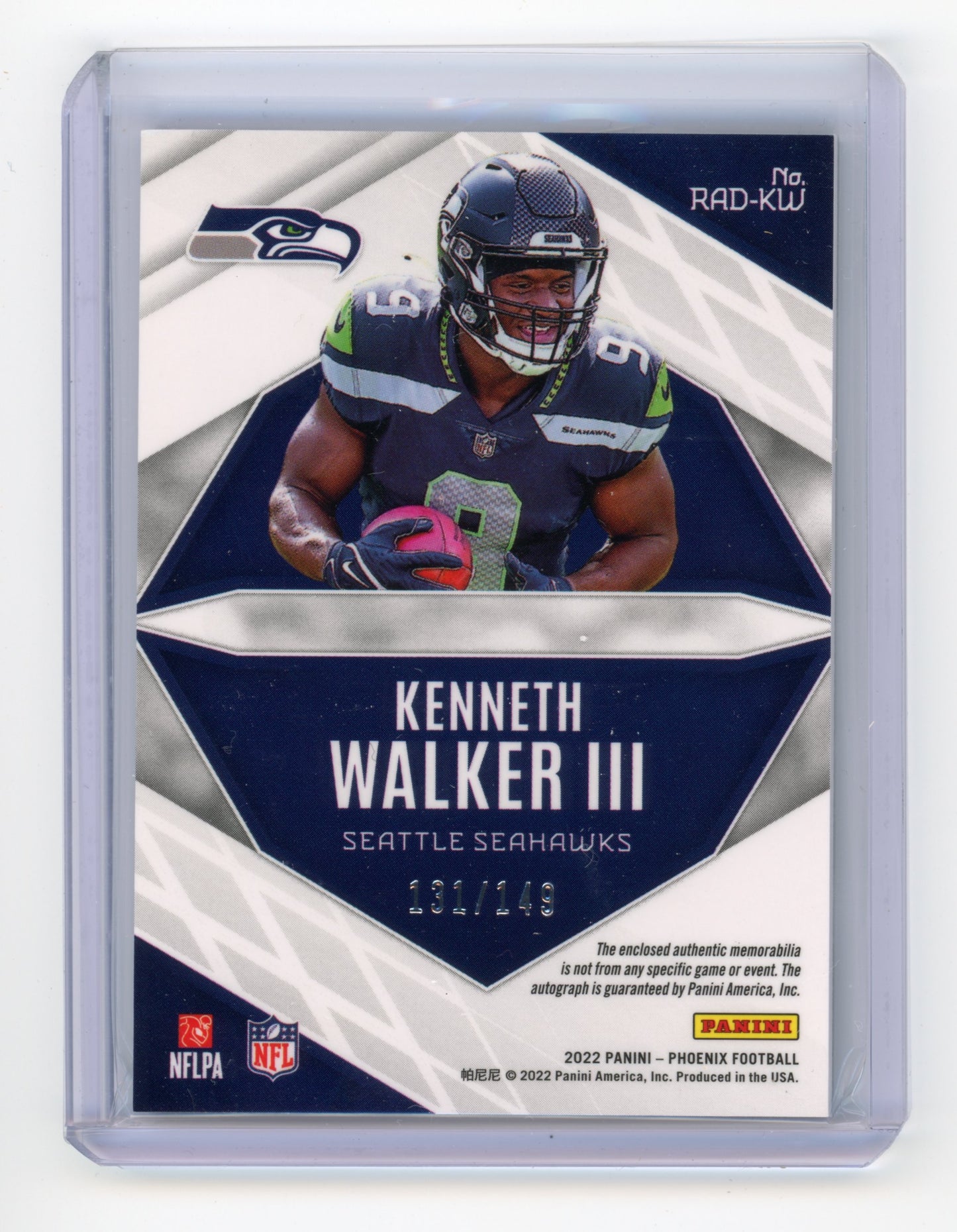 2022 Panini Phoenix Kenneth Walker III RPS Rookie Auto Dual Jersey /149 RC