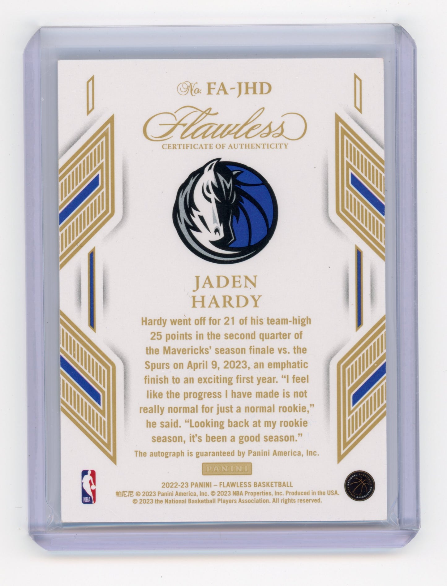 2022 Panini Flawless Jaden Hardy Autographs Gold /10 #FA-JHD RC
