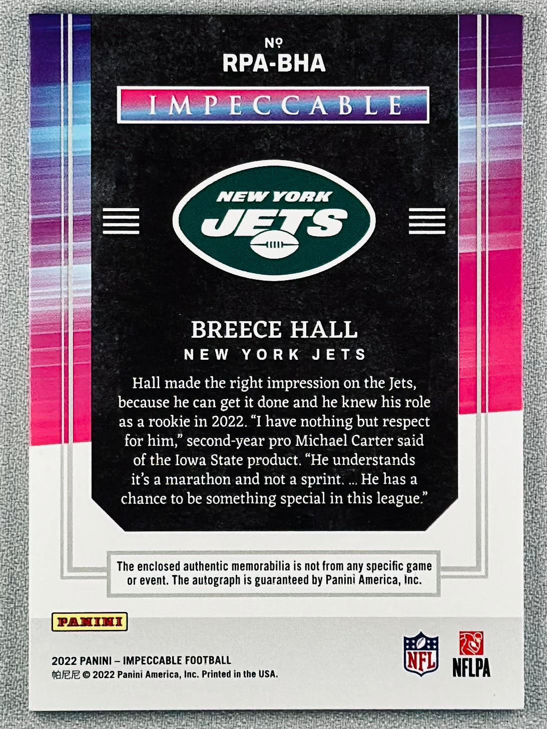 2022 Panini Impeccable Breece Hall RPA /99 RC #RPABHA