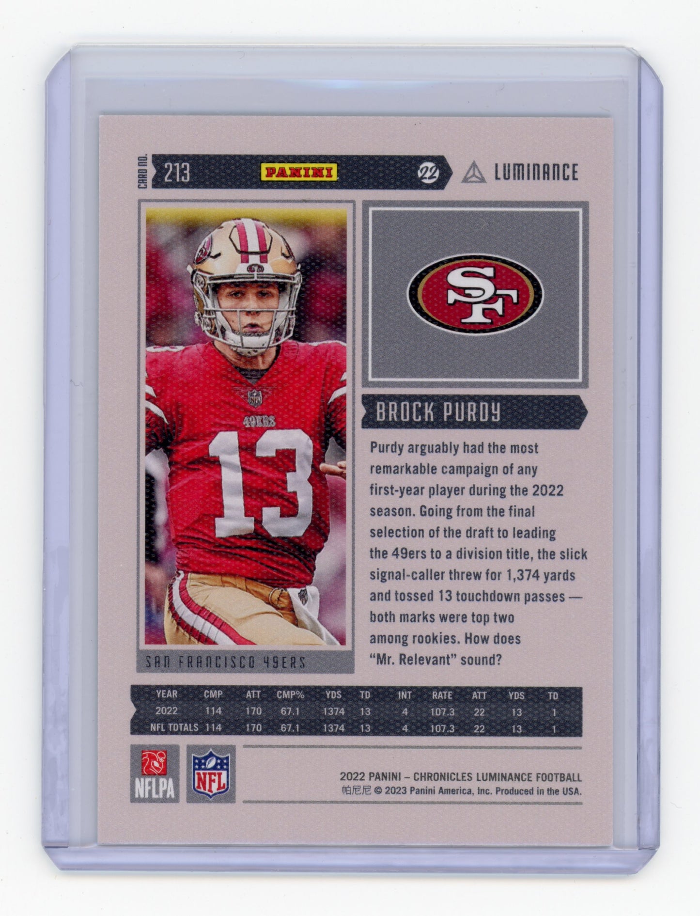 2023 Panini Chronicles Luminance Brock Purdy Purple /49 #213 RC