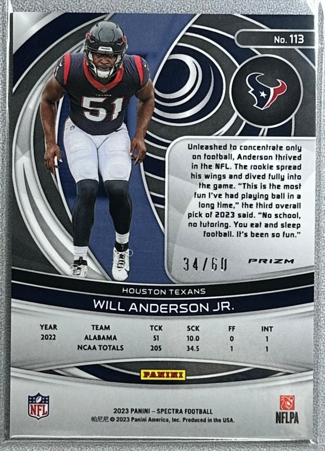 2022 Panini Spectra Will Anderson Jr. Interstellar /60 #113