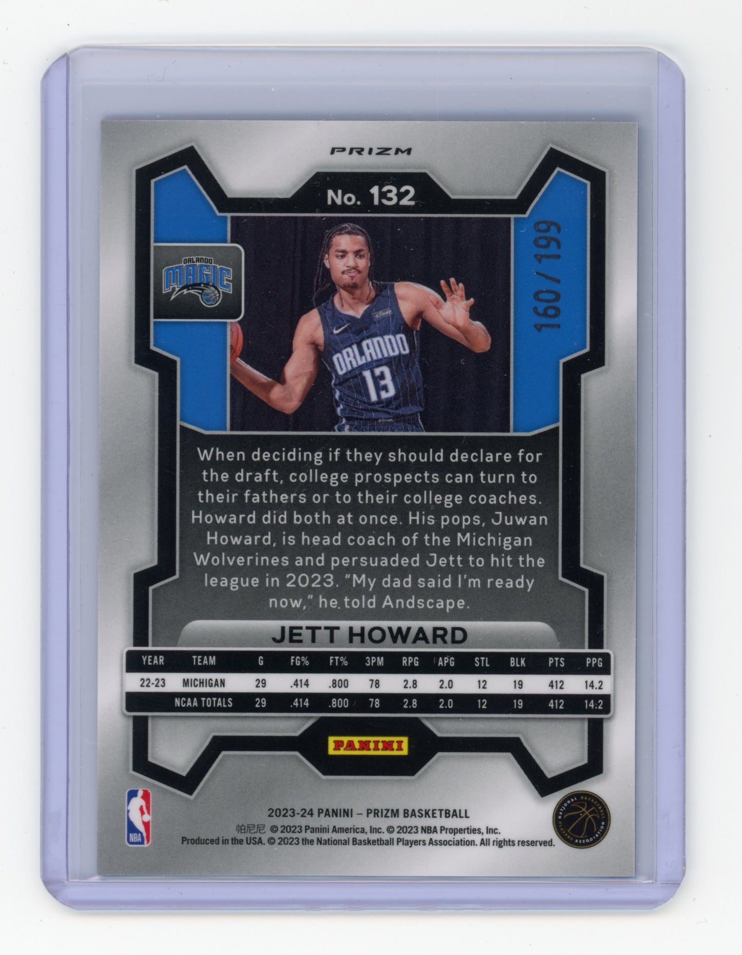 2023 Panini Prizm Jett Howard Blue Prizm RC 160/199 #132