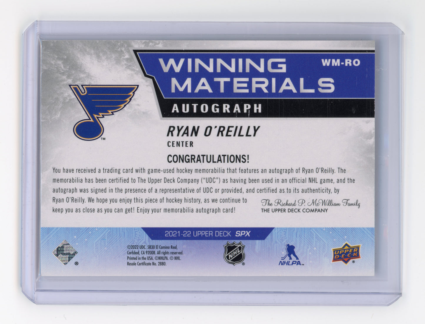 2021 Upper Deck SPX Ryan O'Reilly Winning Materials Autograph /50 #WM-RO