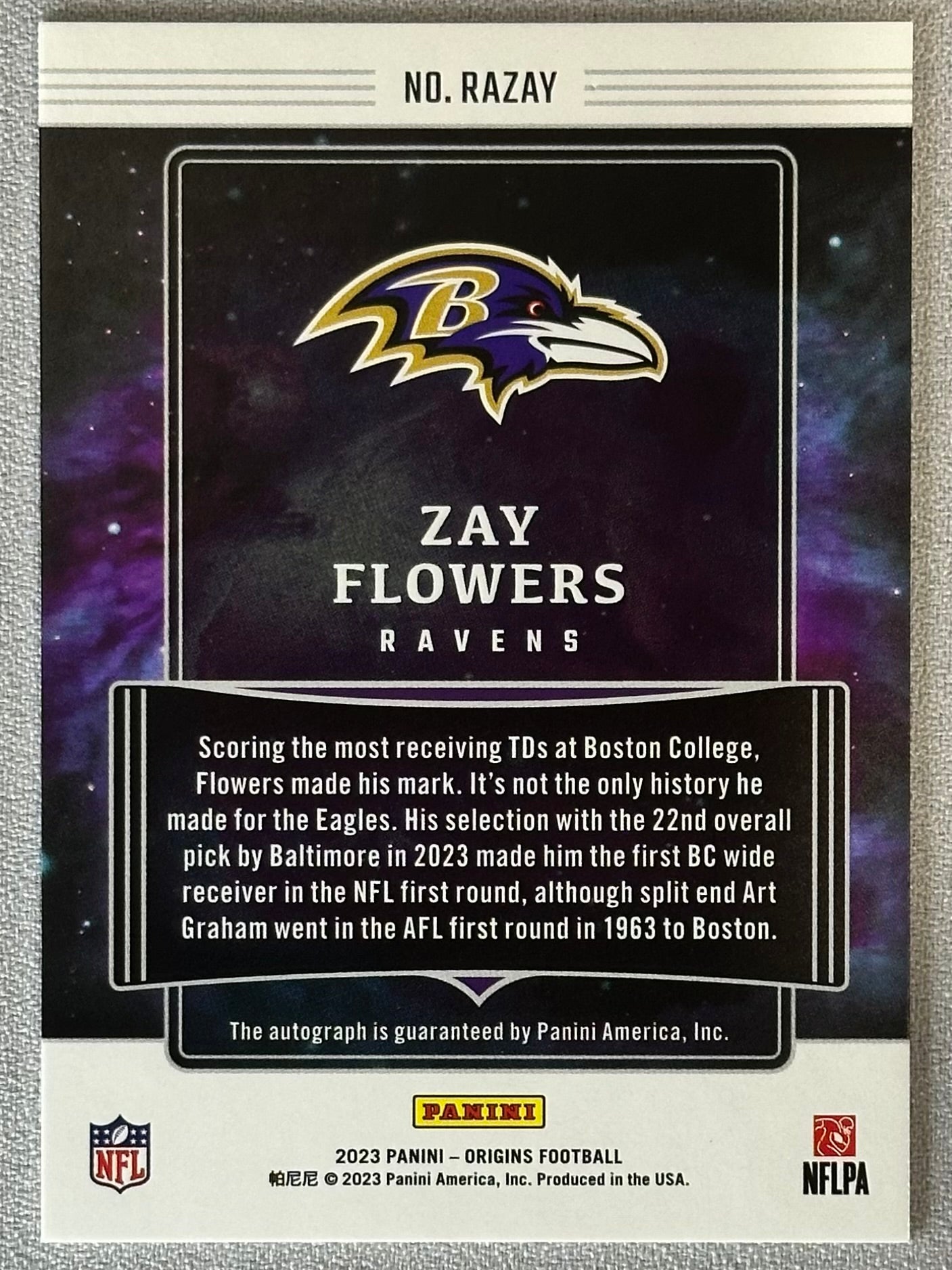 2023 Panini Origins Zay Flowers Rookie Auto Orange /75 RC #RAZAY