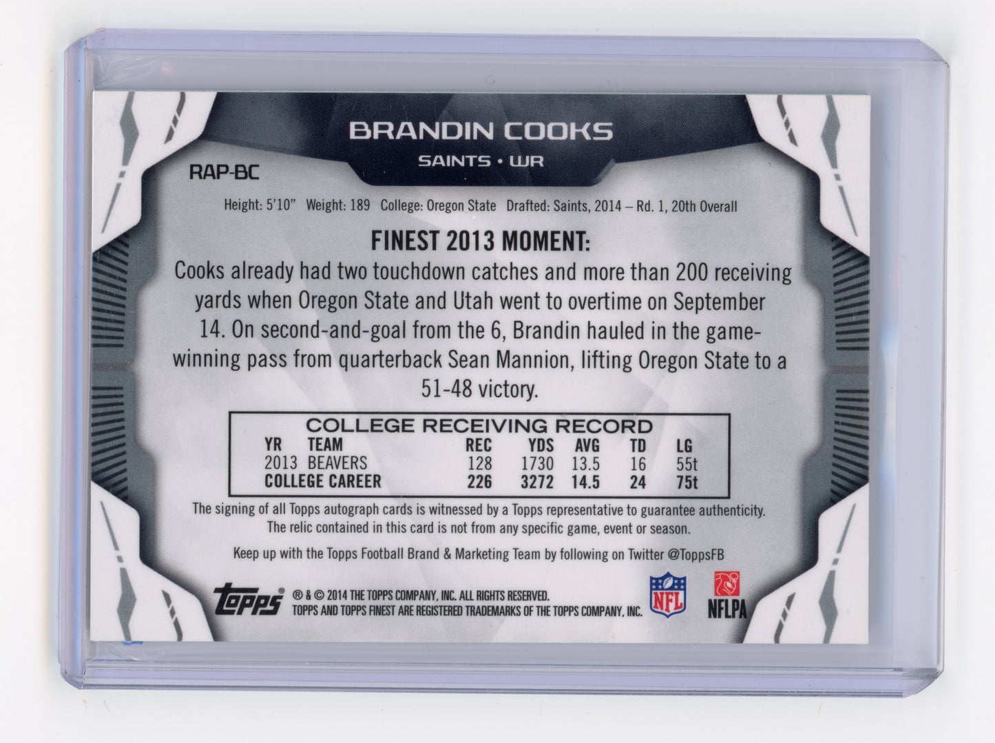 2014 Topps Finest Brandin Cooks Autographed Jumbo Relic Refractor #RAP-BC