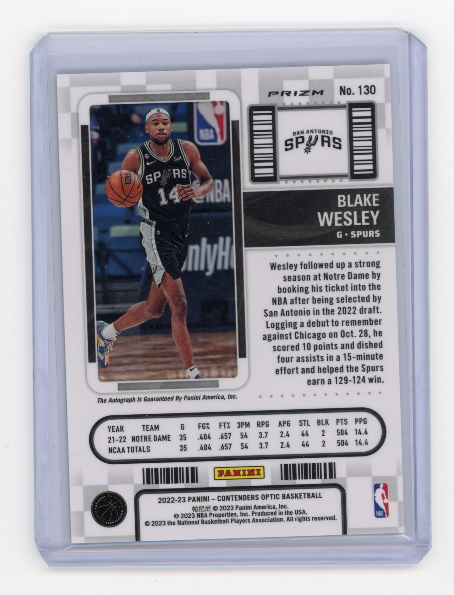2022 Panini Contenders Optic Blake Wesley Rookie Ticket Auto Silver RC #130