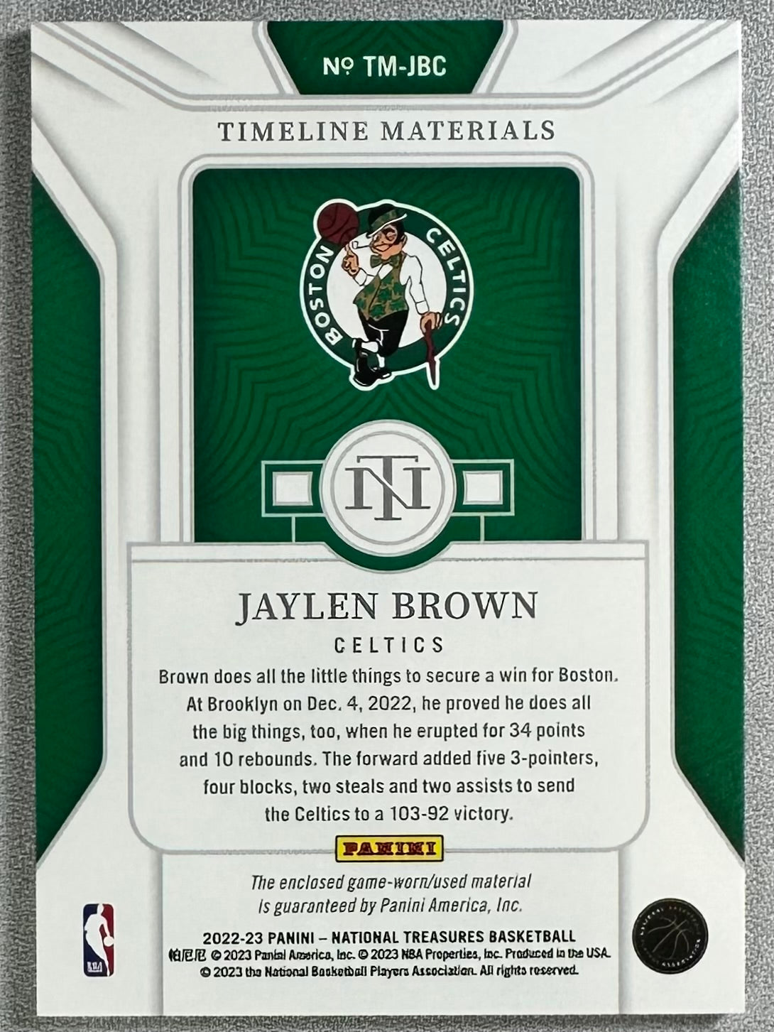 2022 Panini National Treasures Jaylen Brown Timeline Materials /99 #TM-JBC