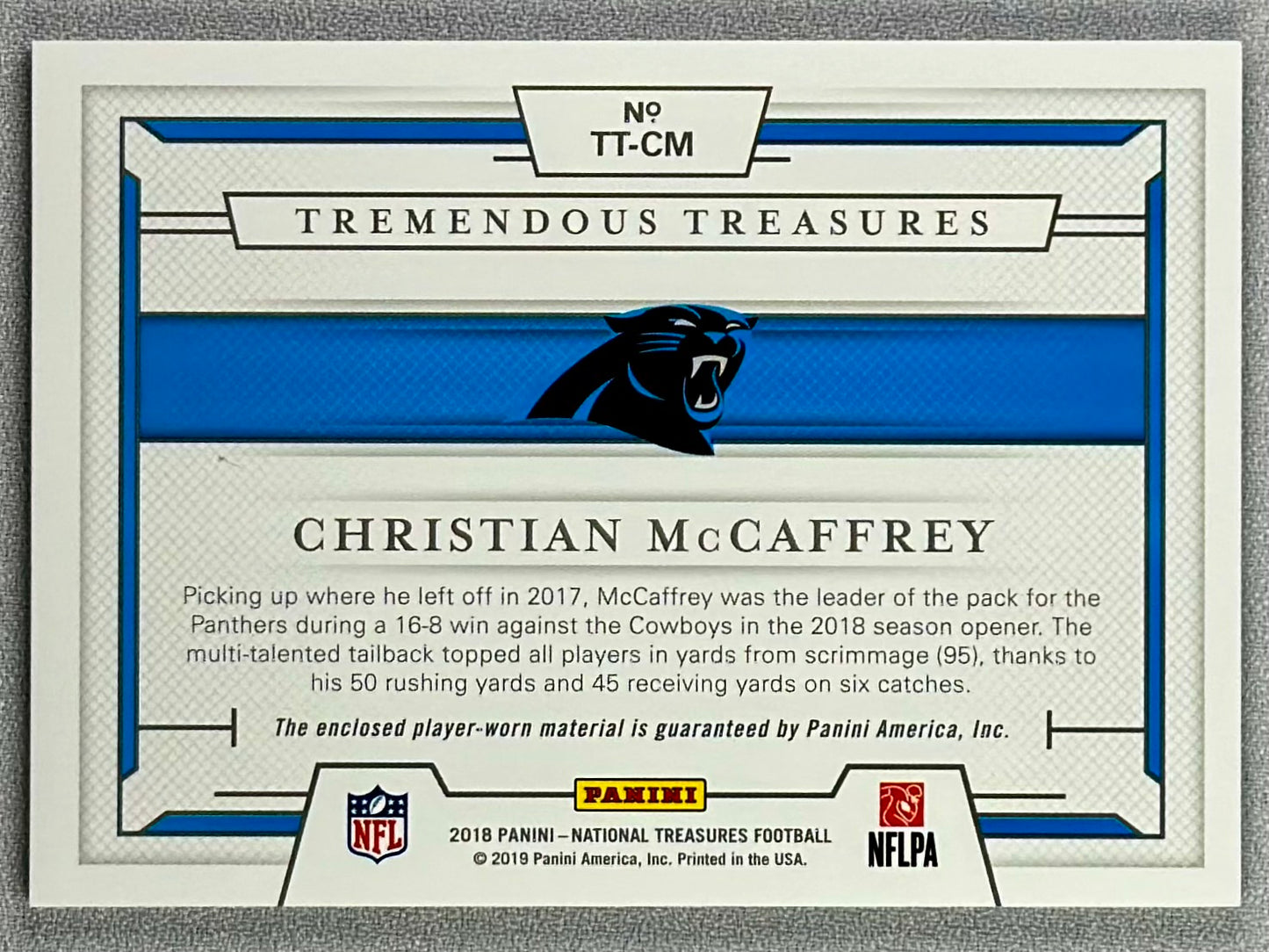 2019 Panini National Treasures Christian McCaffrey Tremendous Treasures /49