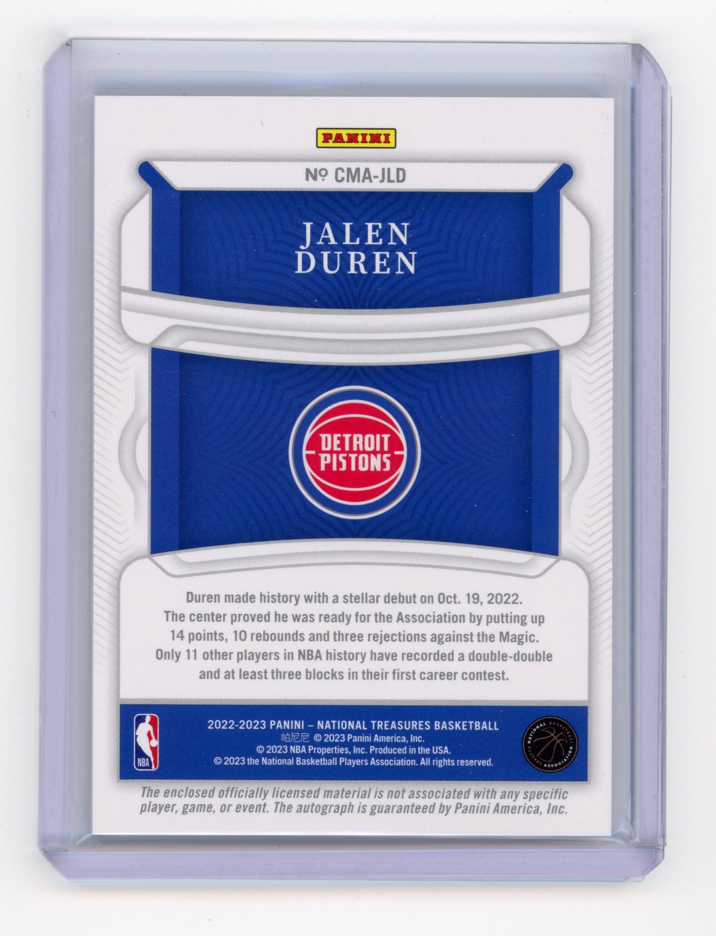 2022 Panini National Treasures Jalen Duren Colossal Material Auto Prime 02/25 RC