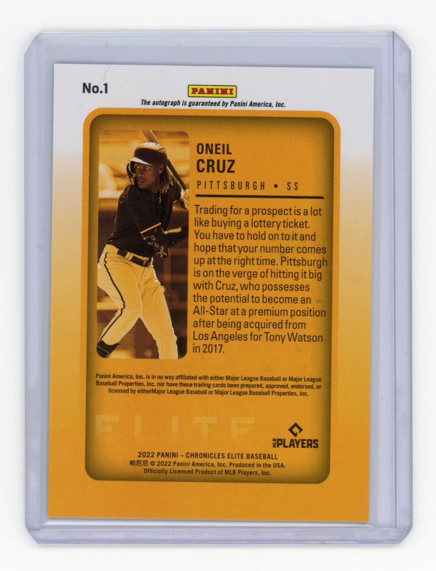 2022 Panini Chronicles Elite Oneil Cruz Rookie Autograph #1 RC