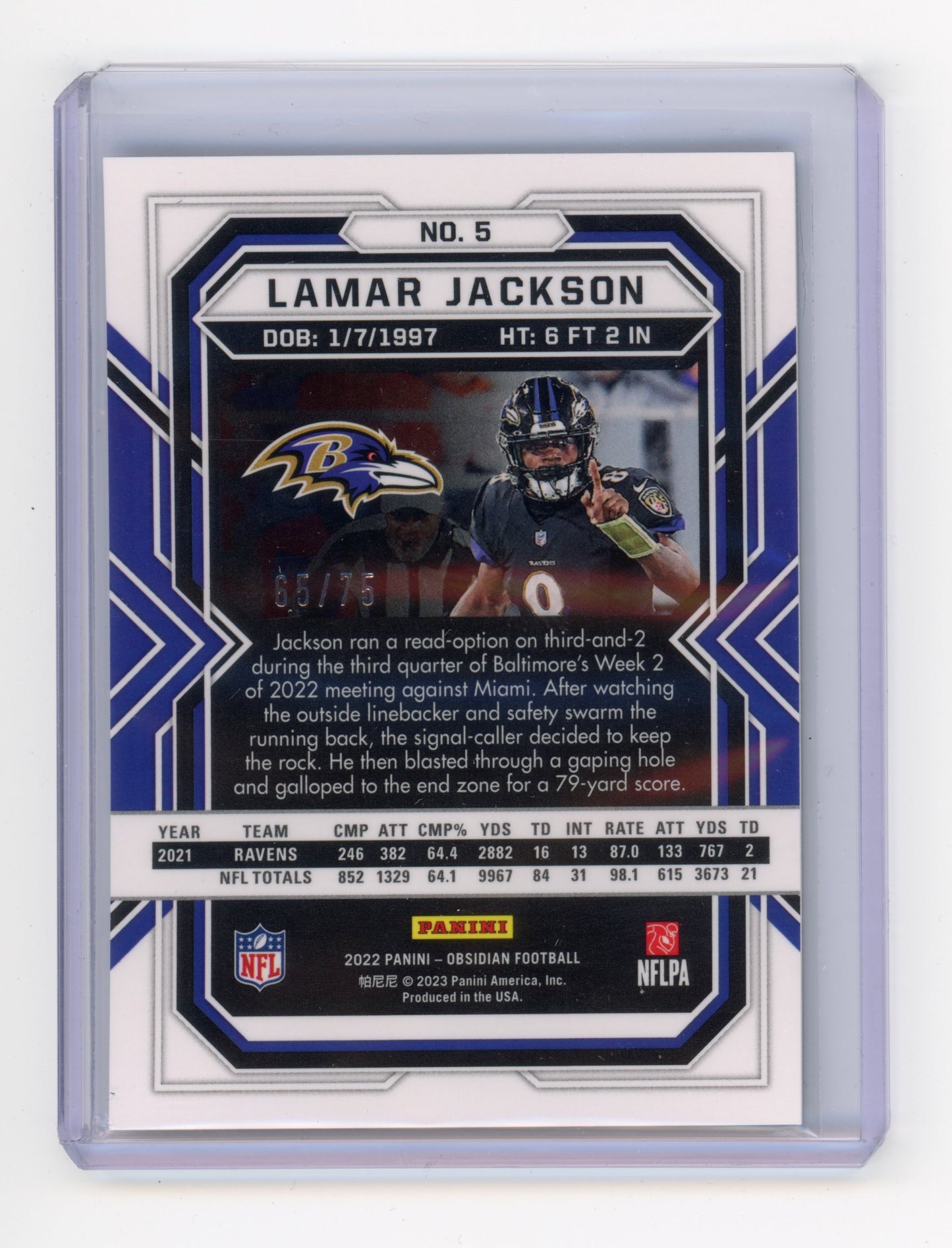 2022 Panini Obsidian Lamar Jackson Orange 65/75 #5