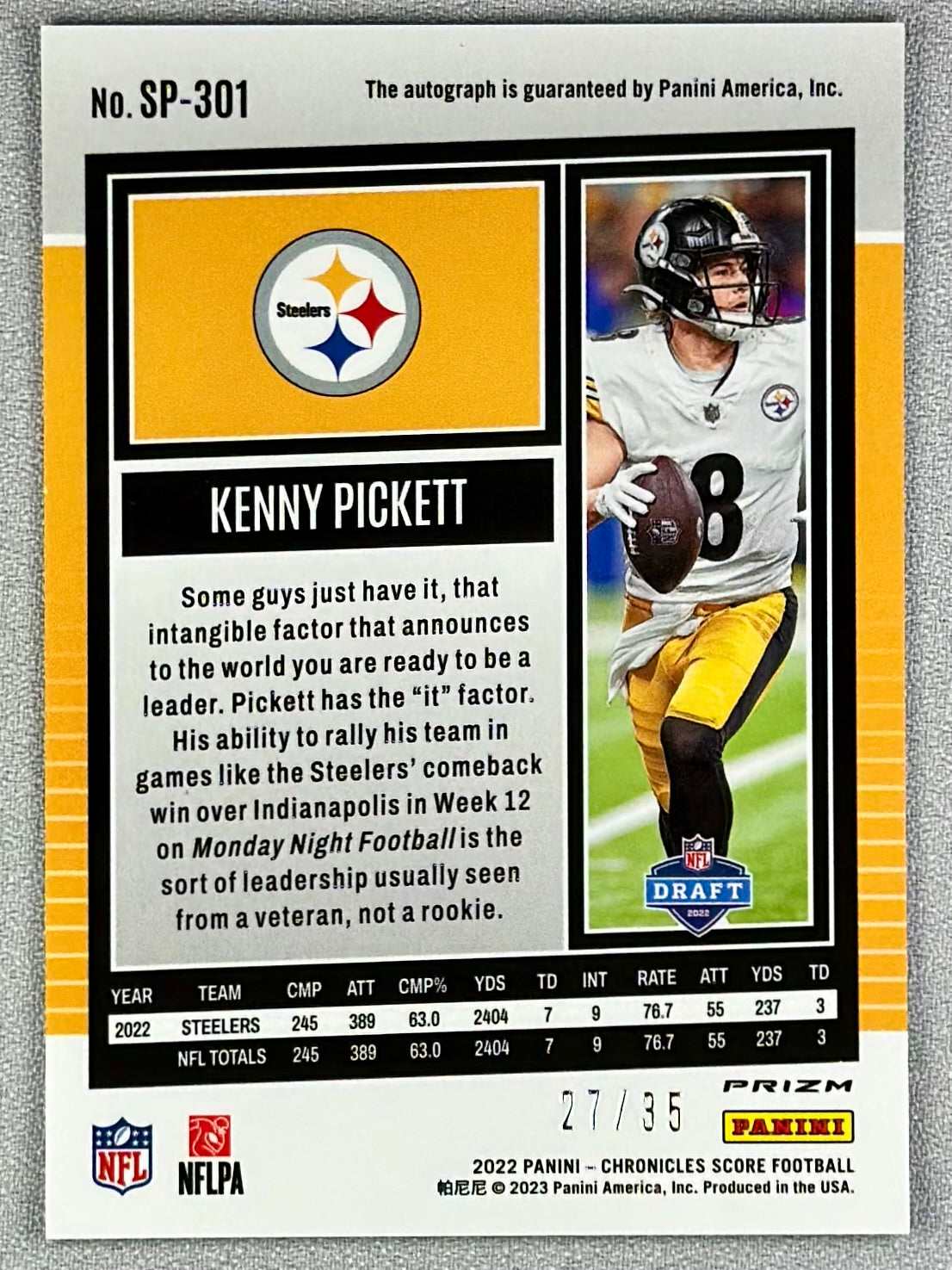 2022 Panini Chronicles Kenny Pickett Score Rookie Auto Artists Proof /35 #SP301