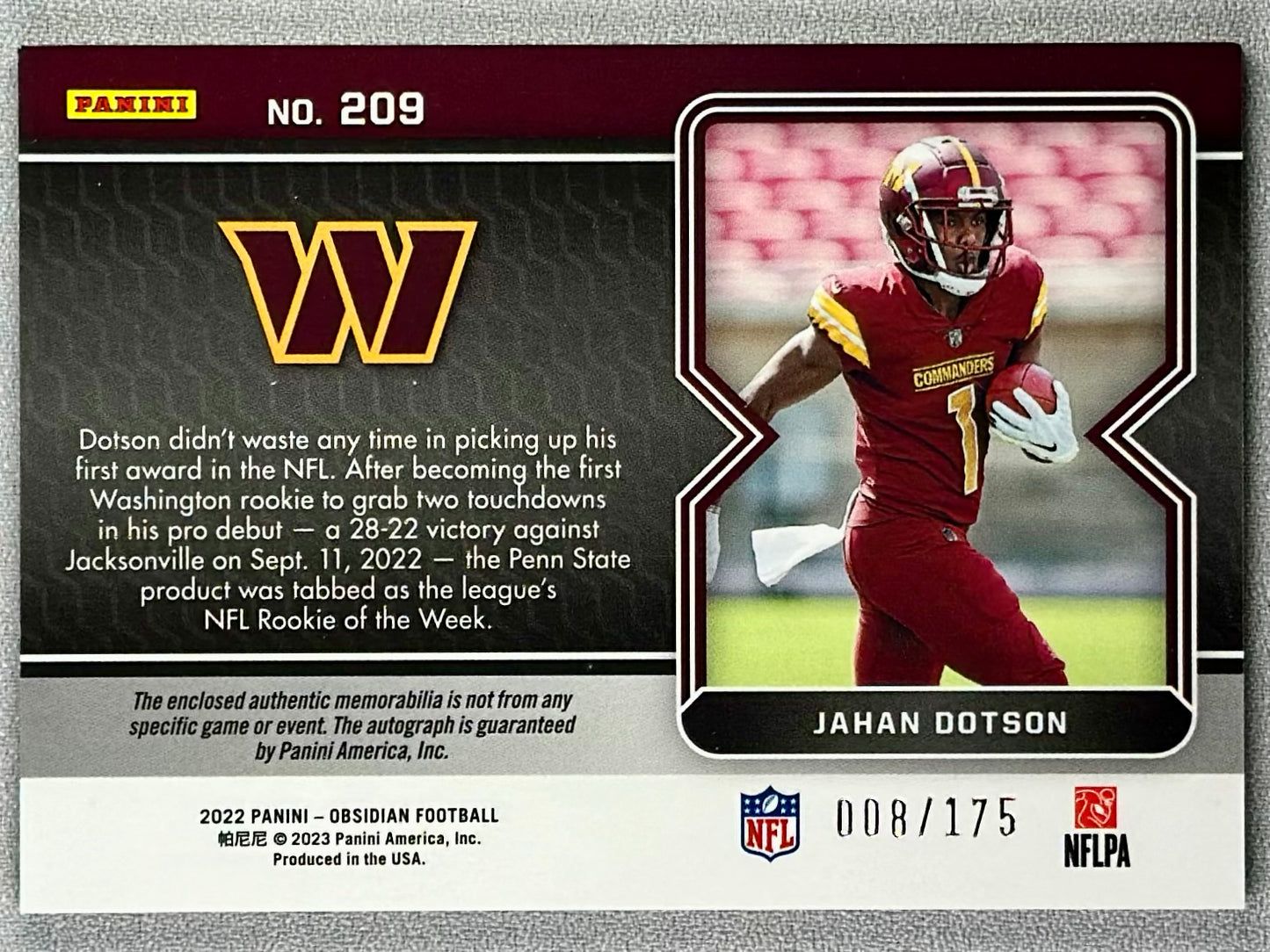 2022 Panini Obsidian Jahan Dotson RPA /175 #209 RC