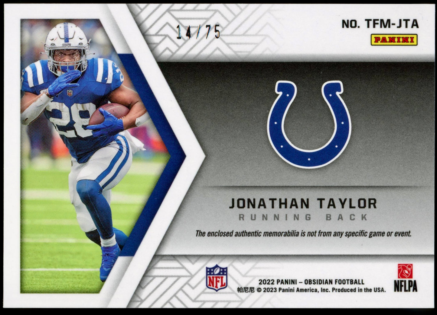 2022 Panini Obsidian Jonathan Taylor Trifecta Material Orange /75 #TFM-JTA