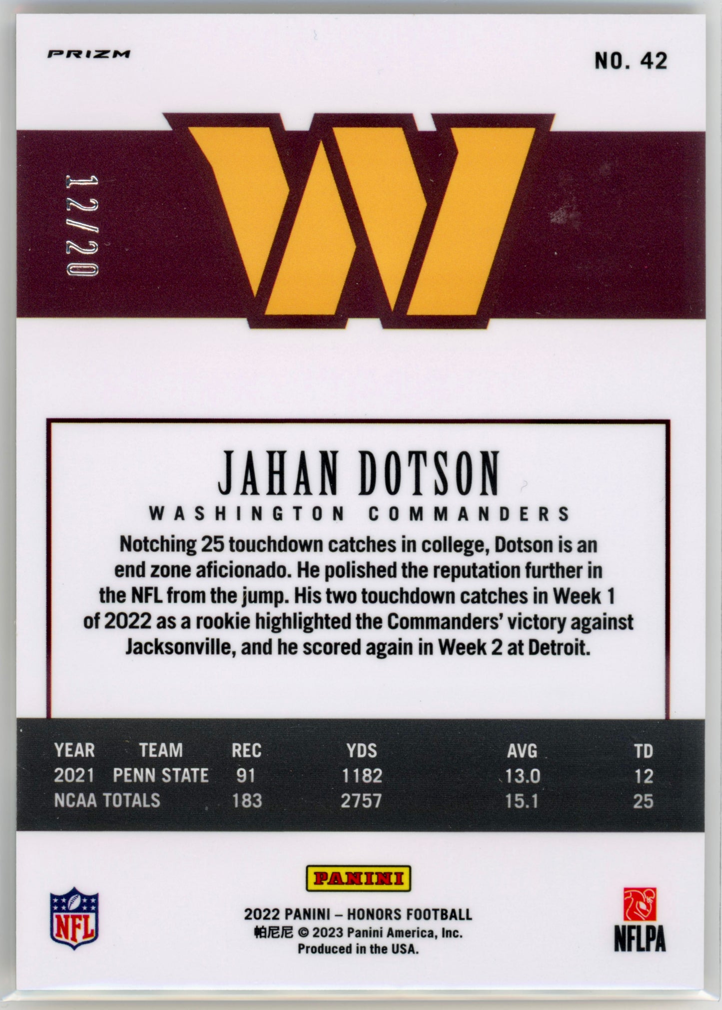 2022 Panini Honors Jahan Dotson Orange /20 #42