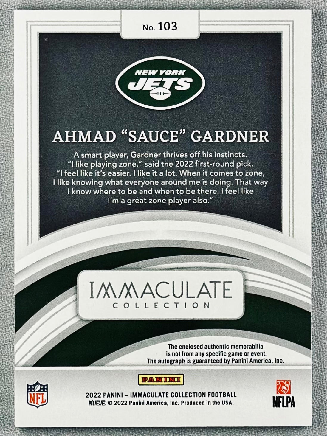 2022 Panini Immaculate Collection Ahmad "Sauce" Gardner RPA /99 #103 RC