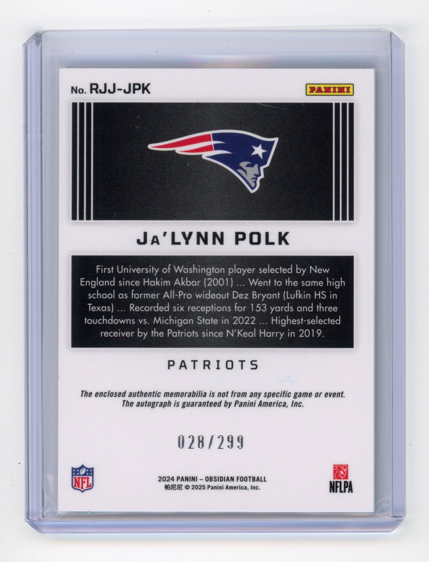 2023 Panini Obsidian Ja'Lynn Polk Rookie Jumbo Jersey Autographs /299 #RJJ-JPK