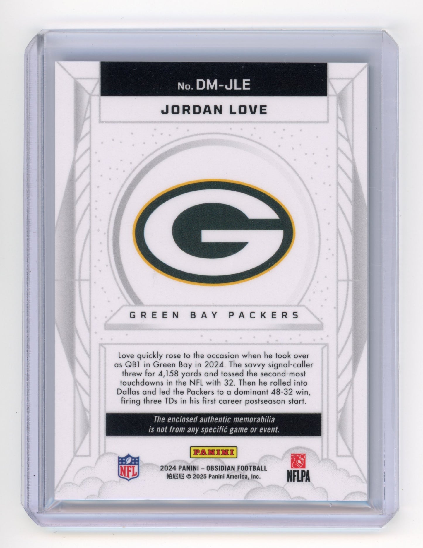 2024 Panini Obsidian Jordan Love Dusk Memorabilia #DM-JLE