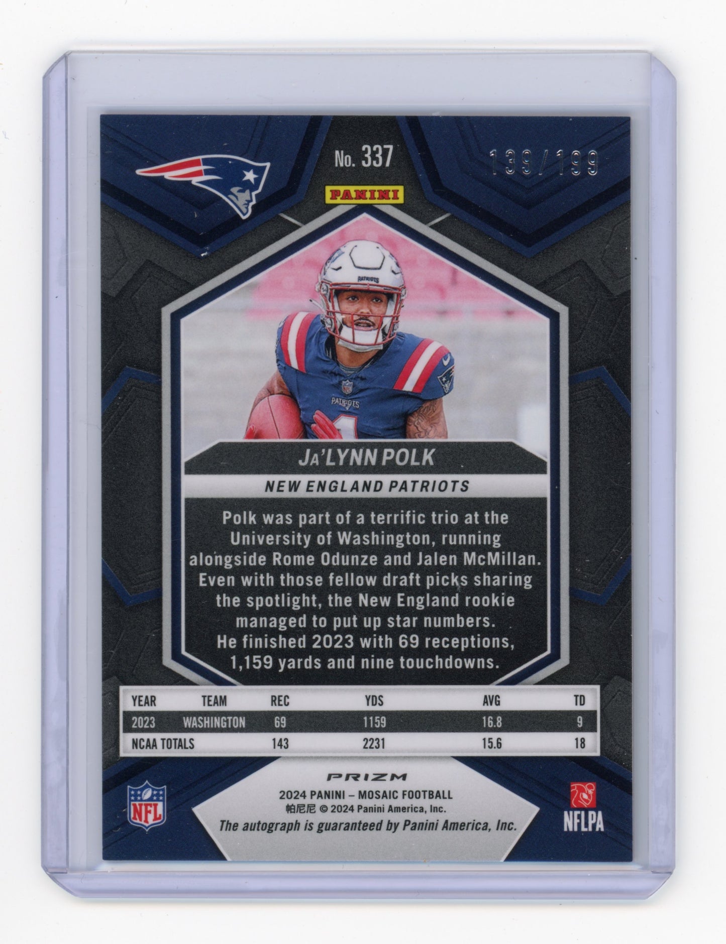2024 Panini Mosaic Ja'Lynn Polk Rookie Autograph Red Mosaic /199 #337 RC