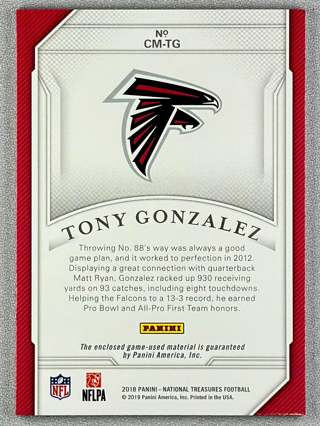 2018 Panini National Treasures Tony Gonzalez Century Materials Emerald /5