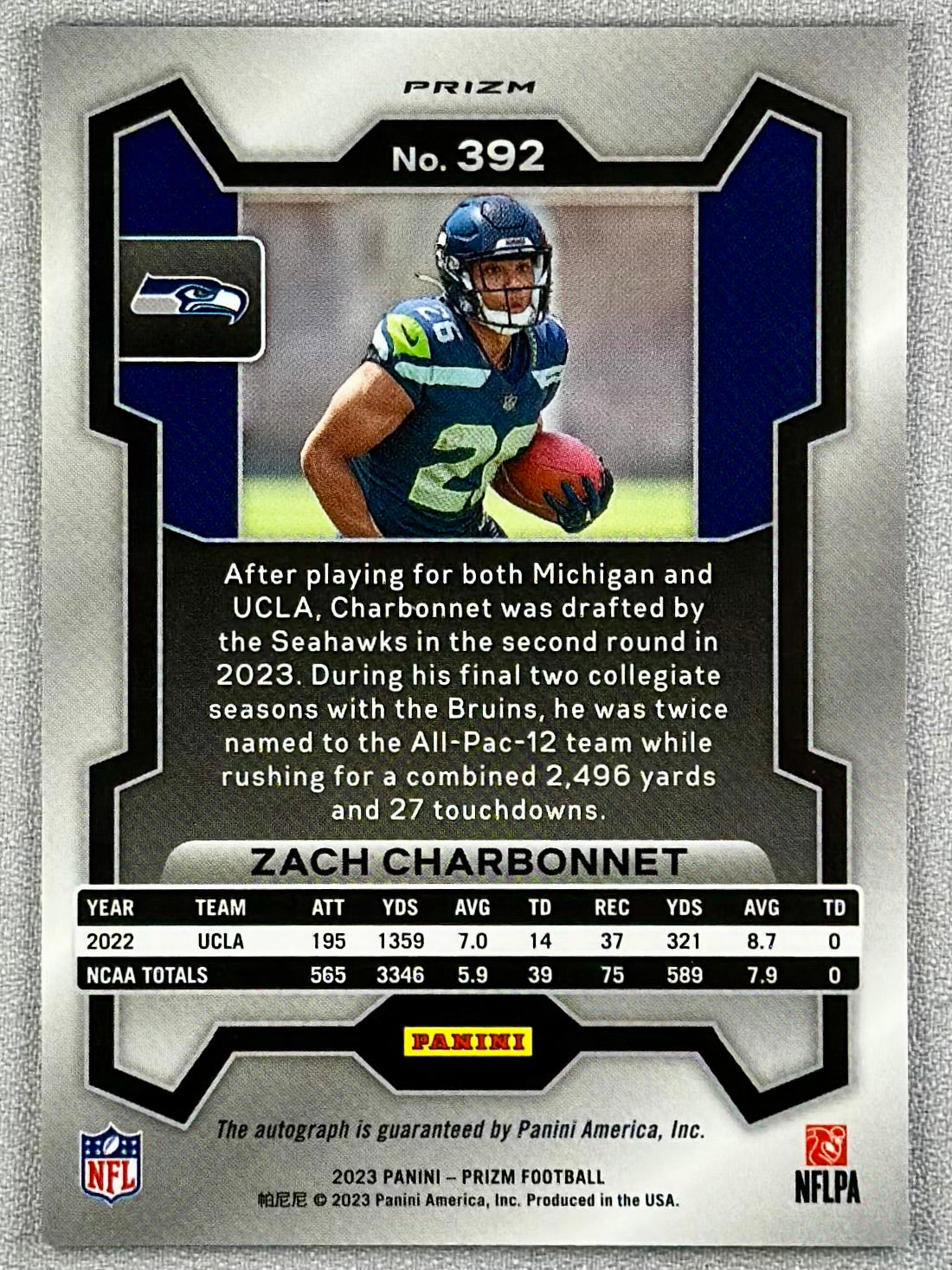 2023 Panini Prizm Zach Charbonnet Rookie Auto No Huddle #392 RC