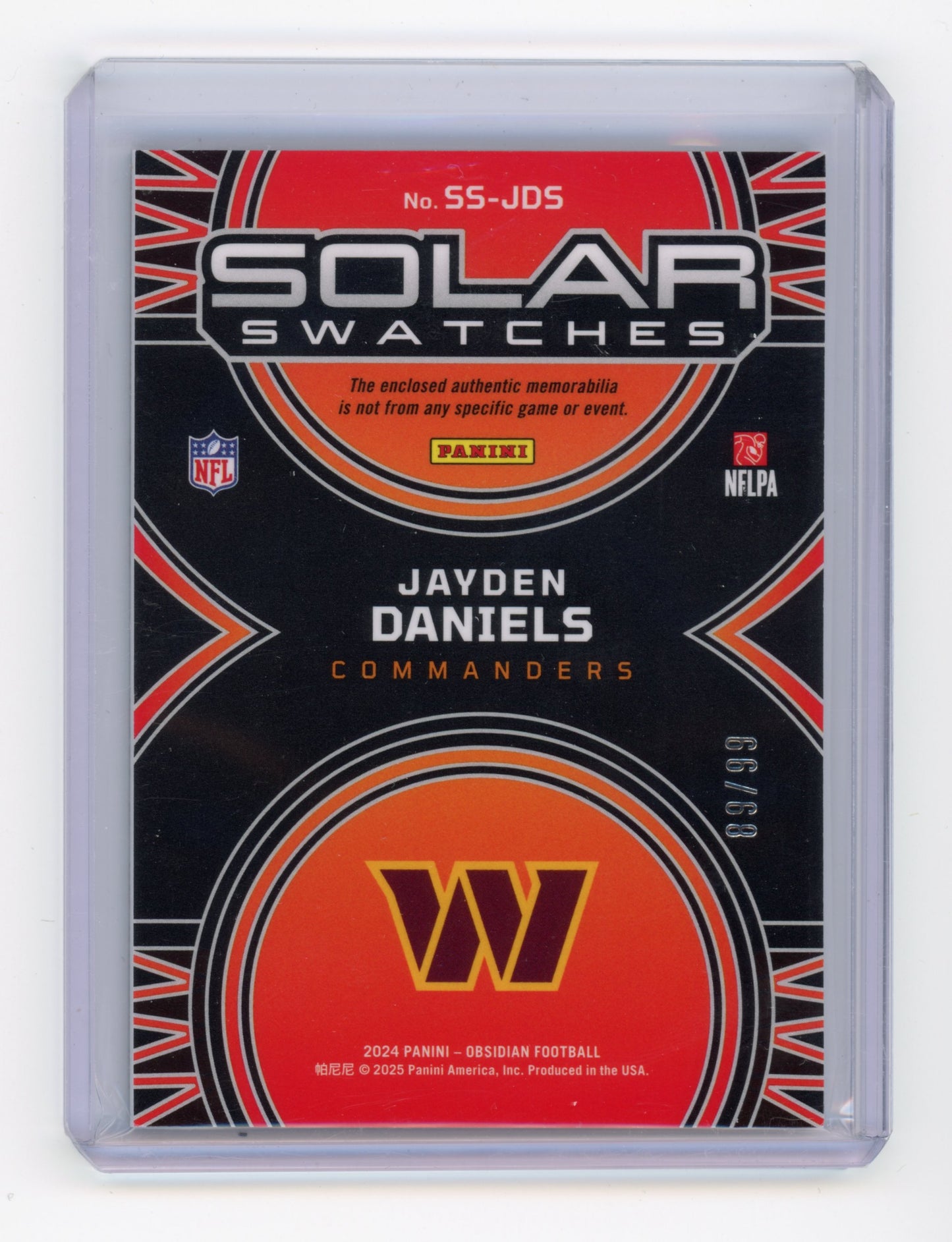 2024 Panini Obsidian Jayden Daniels Solar Swatches Silver 89/99 RC #SS-JDS