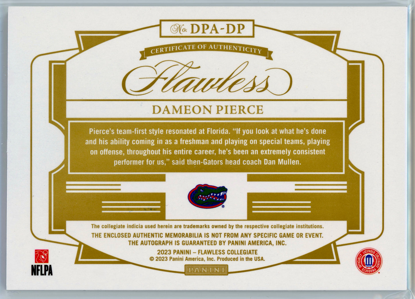 2023 Panini Flawless Collegiate Dameon Pierce Distinguished Patch Autos /25
