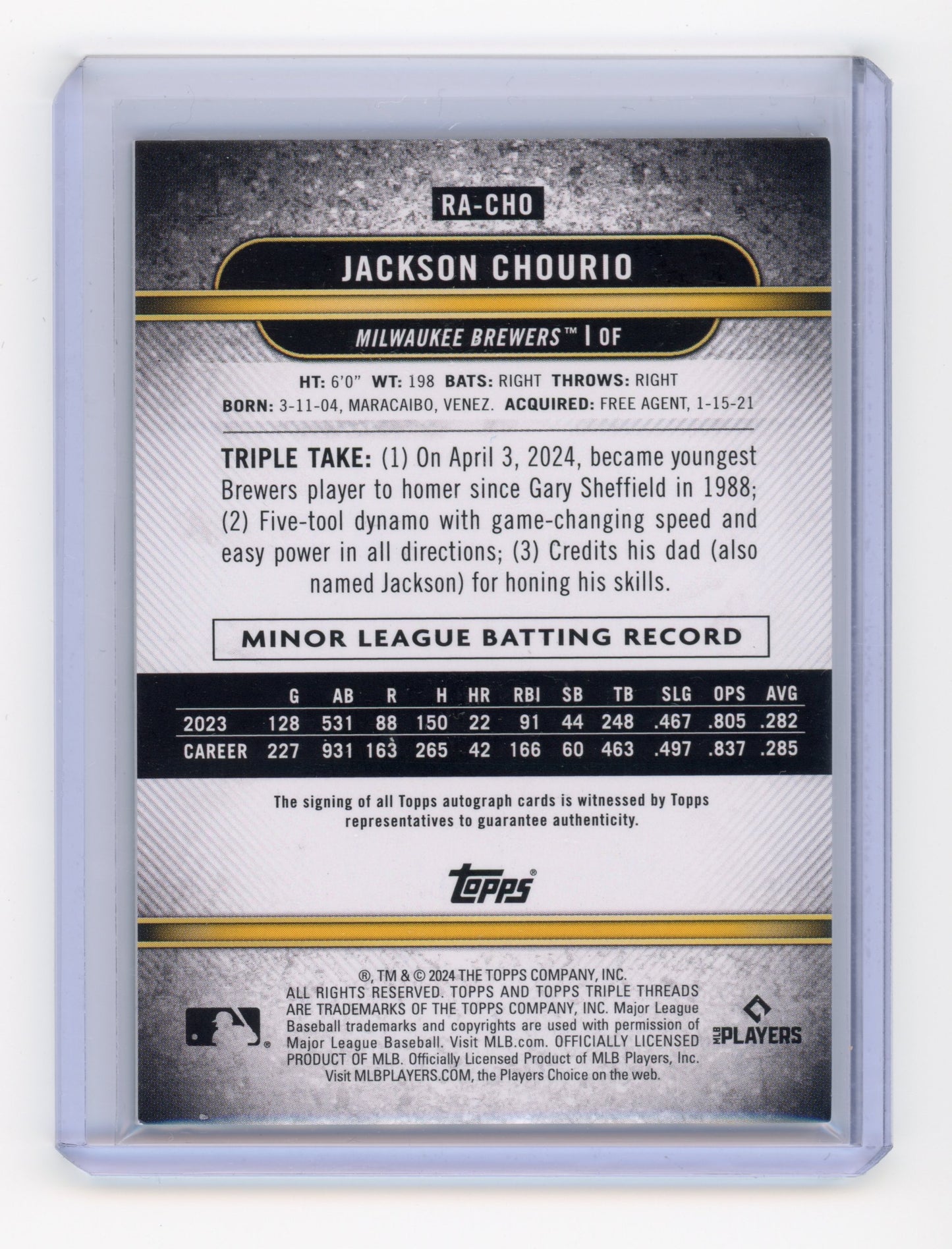 2024 Topps Triple Threads Jackson Chourio Rookie Autograph 057/199 RC #RA-CHO