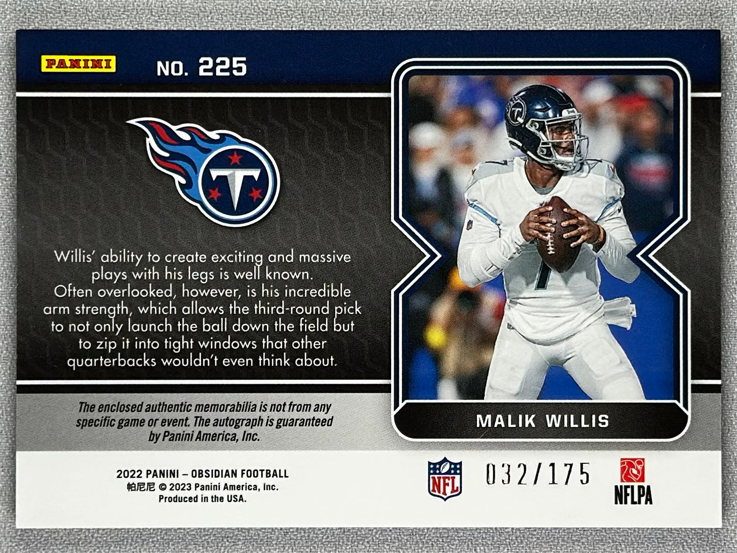 2022 Panini Obsidian Malik Willis RPA /175 #225 RC