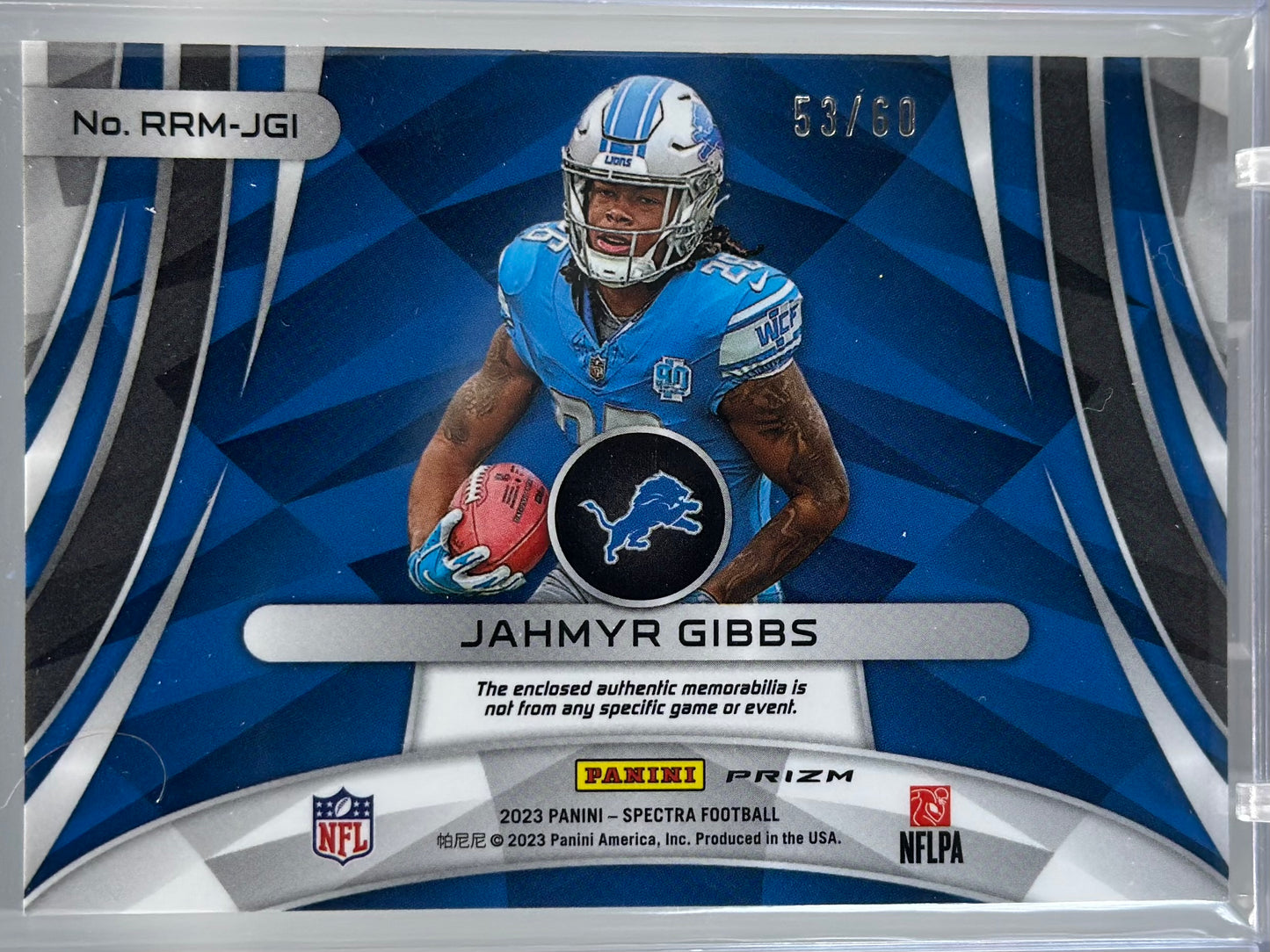 Jahmyr Gibbs 2023 Panini Spectra Rising Rookie Materials Hyper /60 #RRM-JGI RC