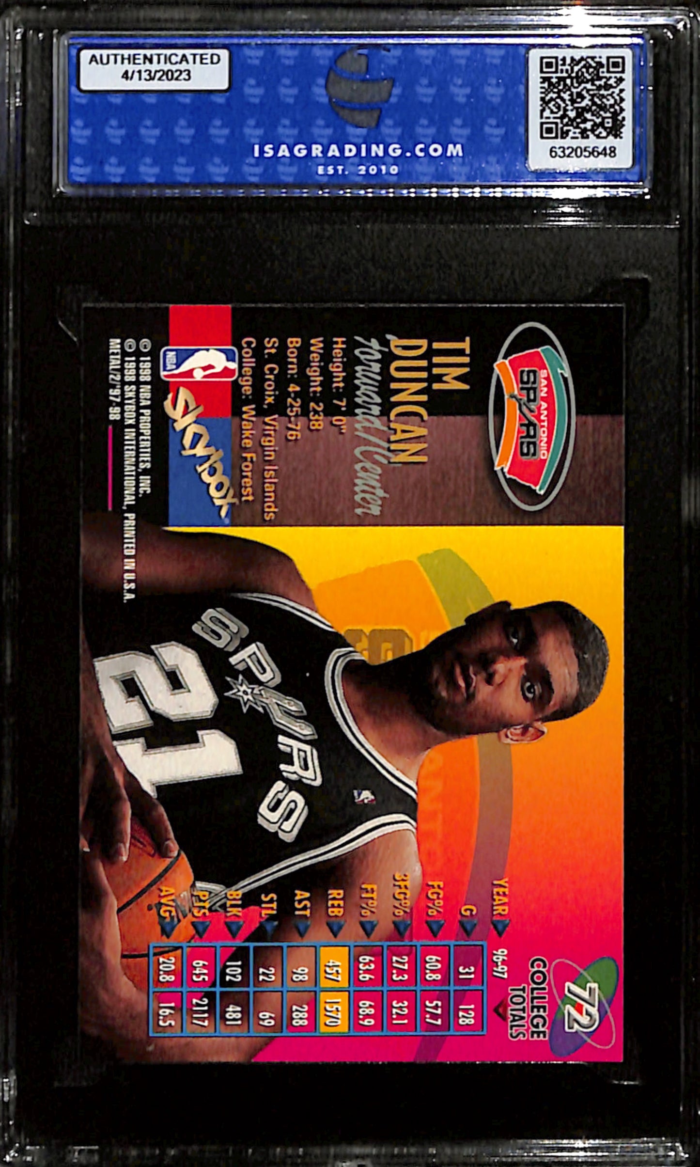 1997-98 Metal Universe Championship Tim Duncan #72 ISA 9