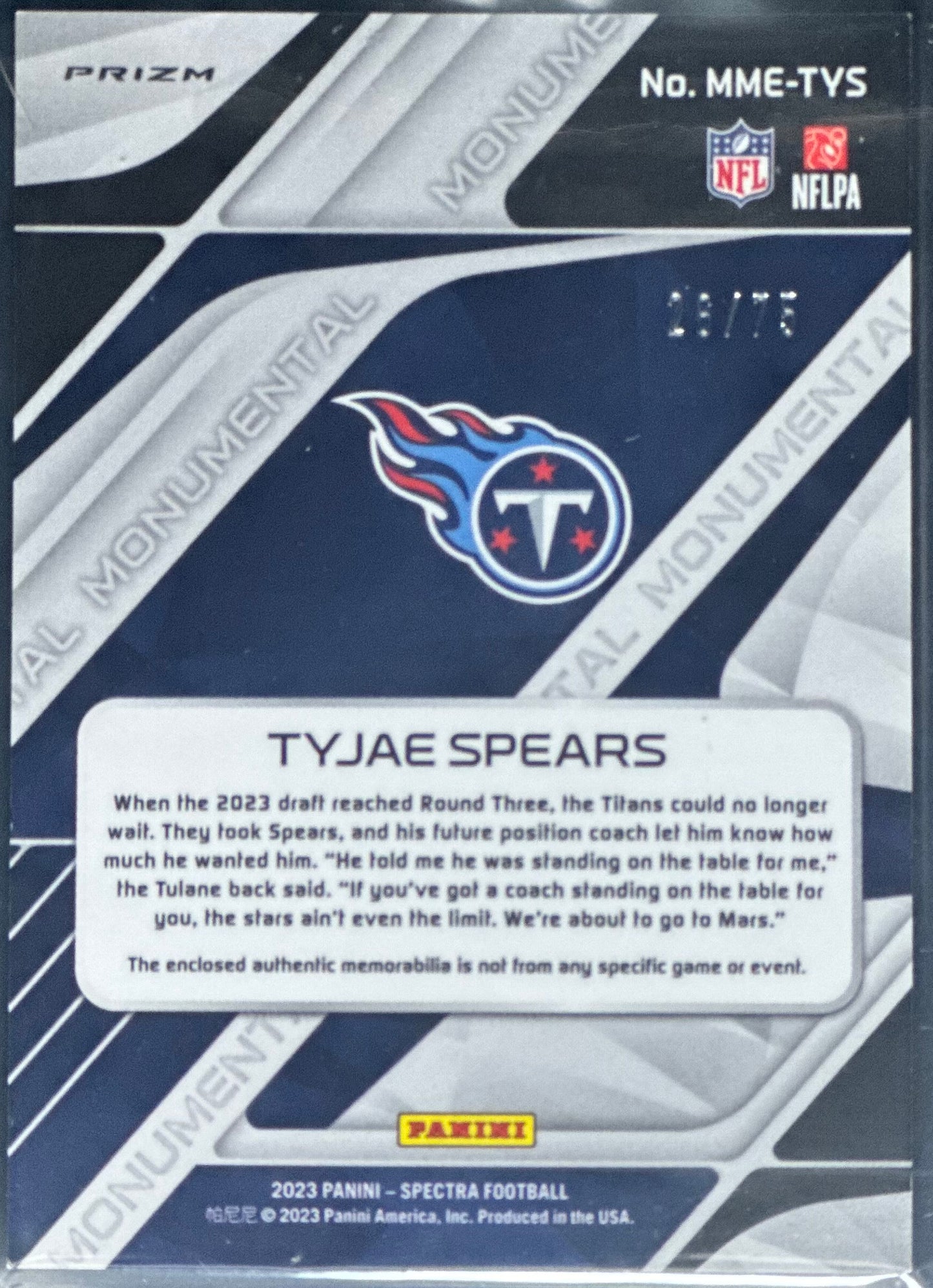 Tyjae Spears 2023 Panini Spectra Monumental Mem Celestial /75 #MME-TYS RC