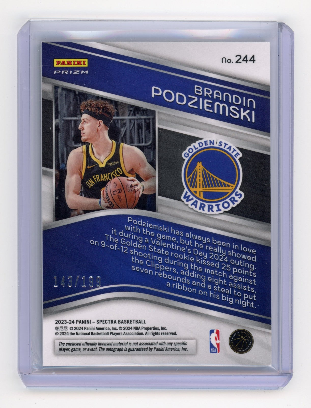 2023 Panini Spectra Brandin Podziemski Rookie Patch Autograph 143/199 RC #244