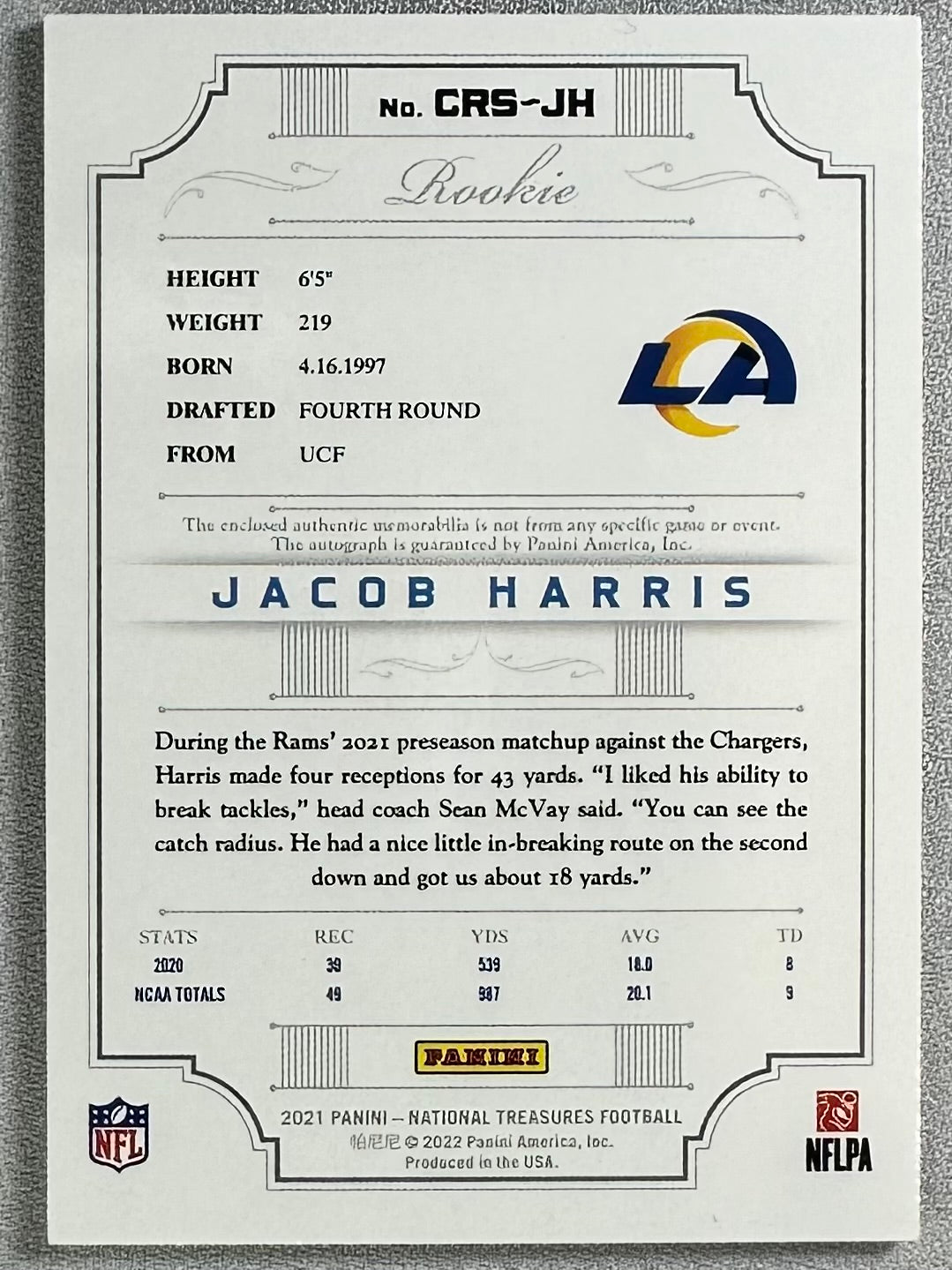 2021 Panini National Treasures Jacob Harris Crossover RPA /99 #CRS-JH RC