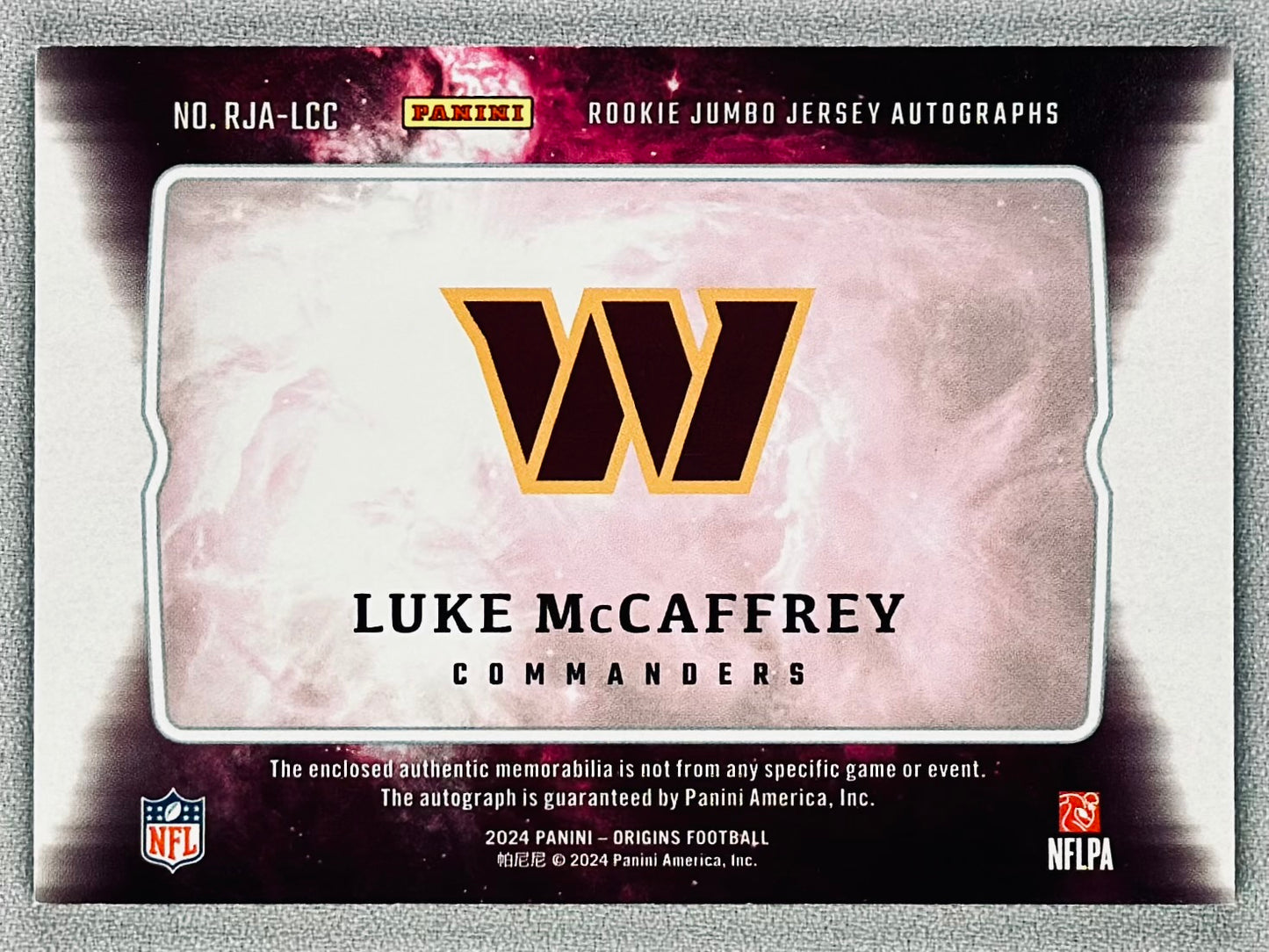 2024 Panini Origins Luke McCaffrey Rookie Jumbo Jersey Auto #RJA-LCC RC